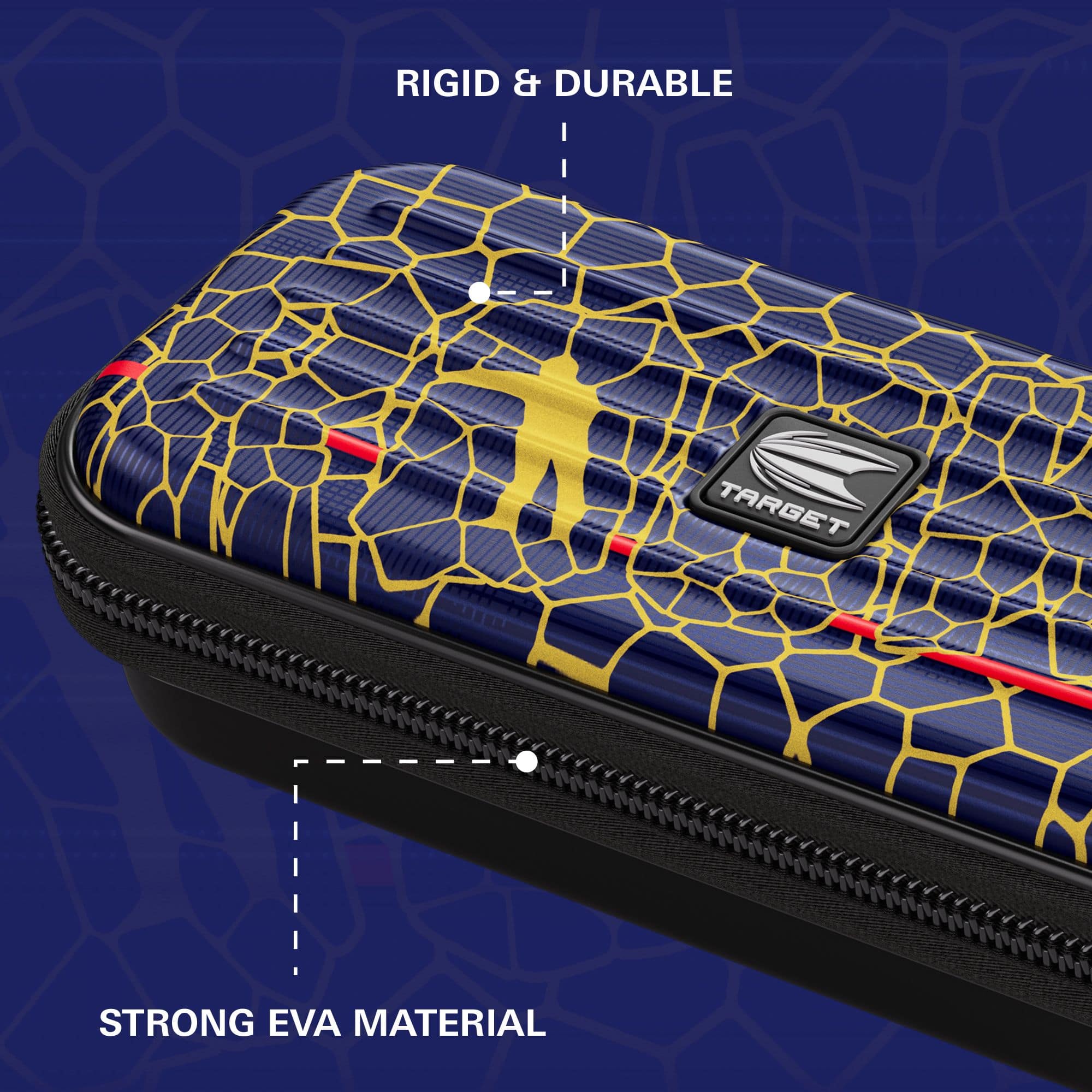 Etui na lotki Target Takoma Josh Rock Das Bild zeigt das „Target Takoma Josh Rock Dartcase“ mit einem auffälligen blauen und gelben Design. Es wird hervorgehoben, dass das Etui aus starkem EVA-Material gefertigt und besonders robust und langlebig ist.