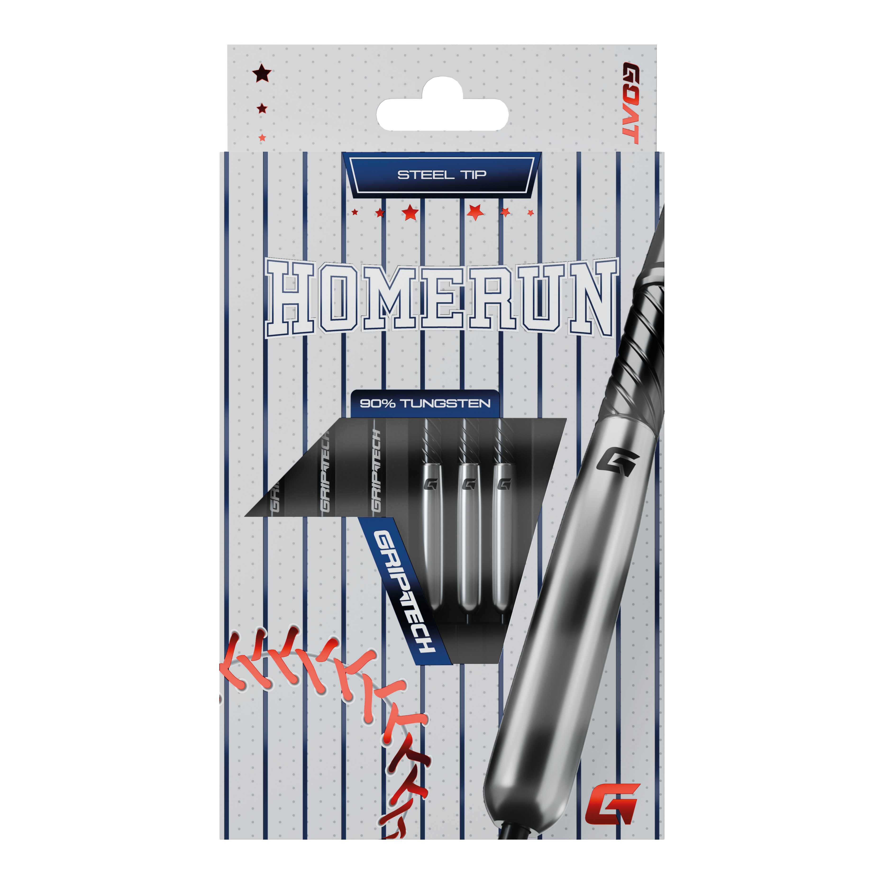 Lotki baseballowe GOAT Homerun ze stali wolframowej Das Bild zeigt die Verpackung der "GOAT Homerun Baseball Tungsten Steeldarts" mit Stahlspitze. Auf der Vorderseite sind drei Darts sowie baseballtypische Designelemente abgebildet.