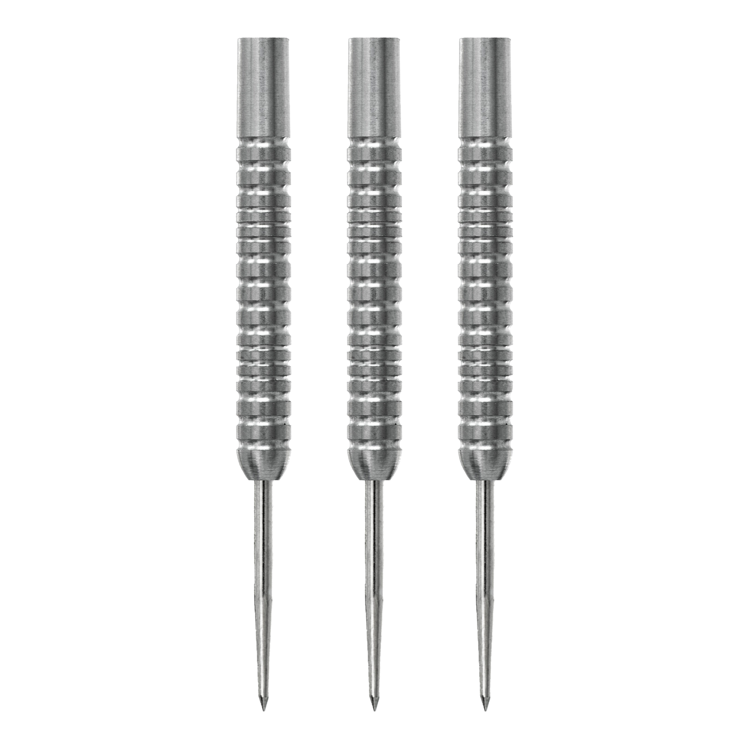 Das Bild zeigt drei silberne Steeldart-Barrels des Modells McDart Spectre V2 mit einem Gewicht von 22g. Die Barrels haben eine geriffelte Oberfläche für besseren Halt.