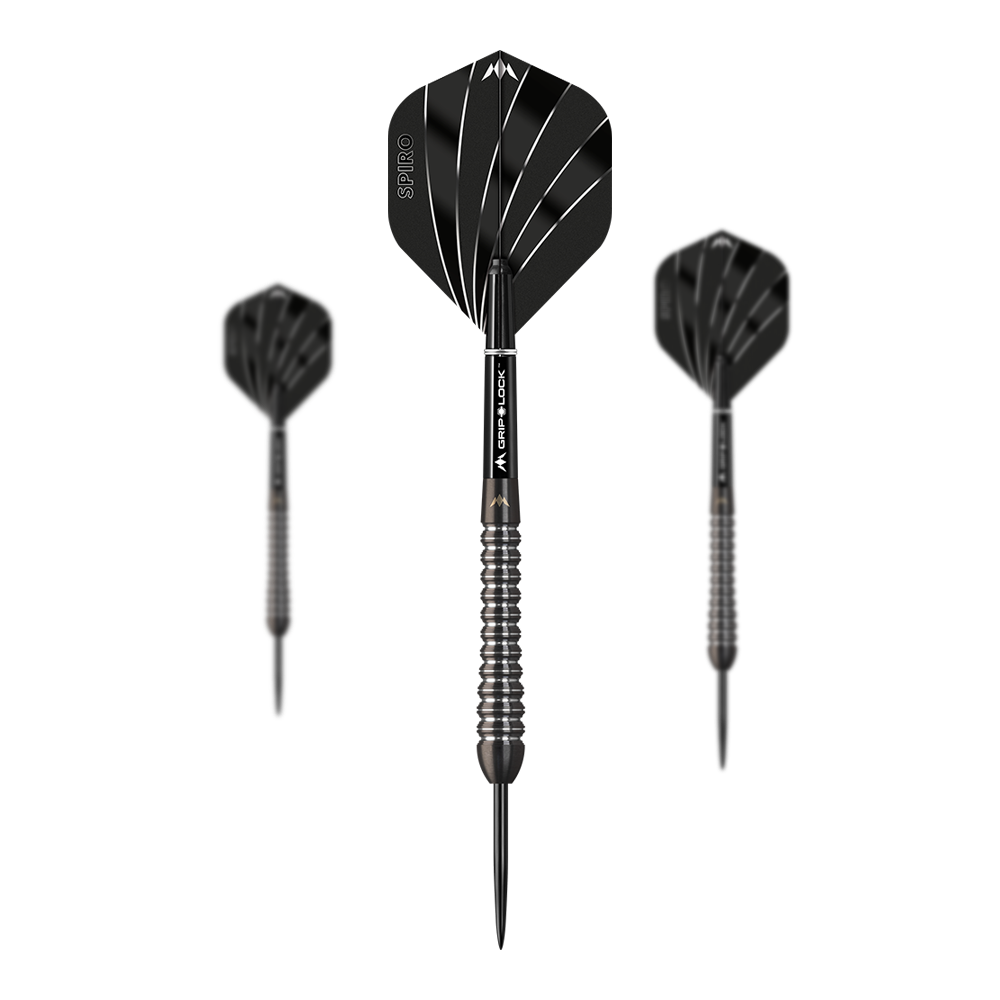 Das Bild zeigt drei Steeldarts des Modells "Mission Spiro Model 2" mit einem Gewicht von 22g. Die Darts sind schwarz mit silbernen Akzenten und haben auffällige Flights mit weißen Linien.