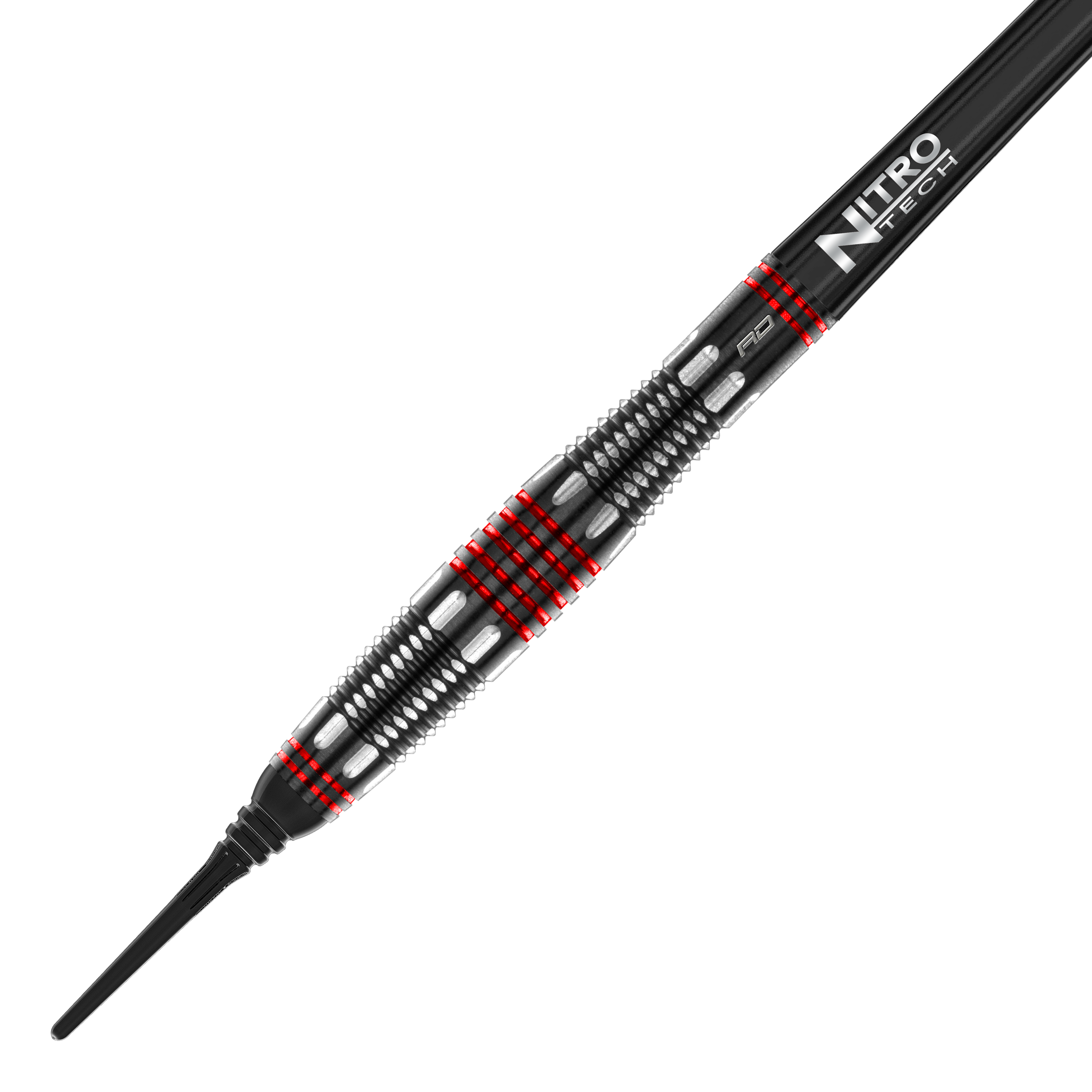 Miękkie lotki Red Dragon Marlin Venom - 22 g Das Bild zeigt den Red Dragon Marlin Venom Softdart mit einem Gewicht von 22 Gramm. Der Dart hat ein schwarzes und silbernes Design mit auffälligen roten Ringen und einer „Nitro Tech“-Beschriftung.