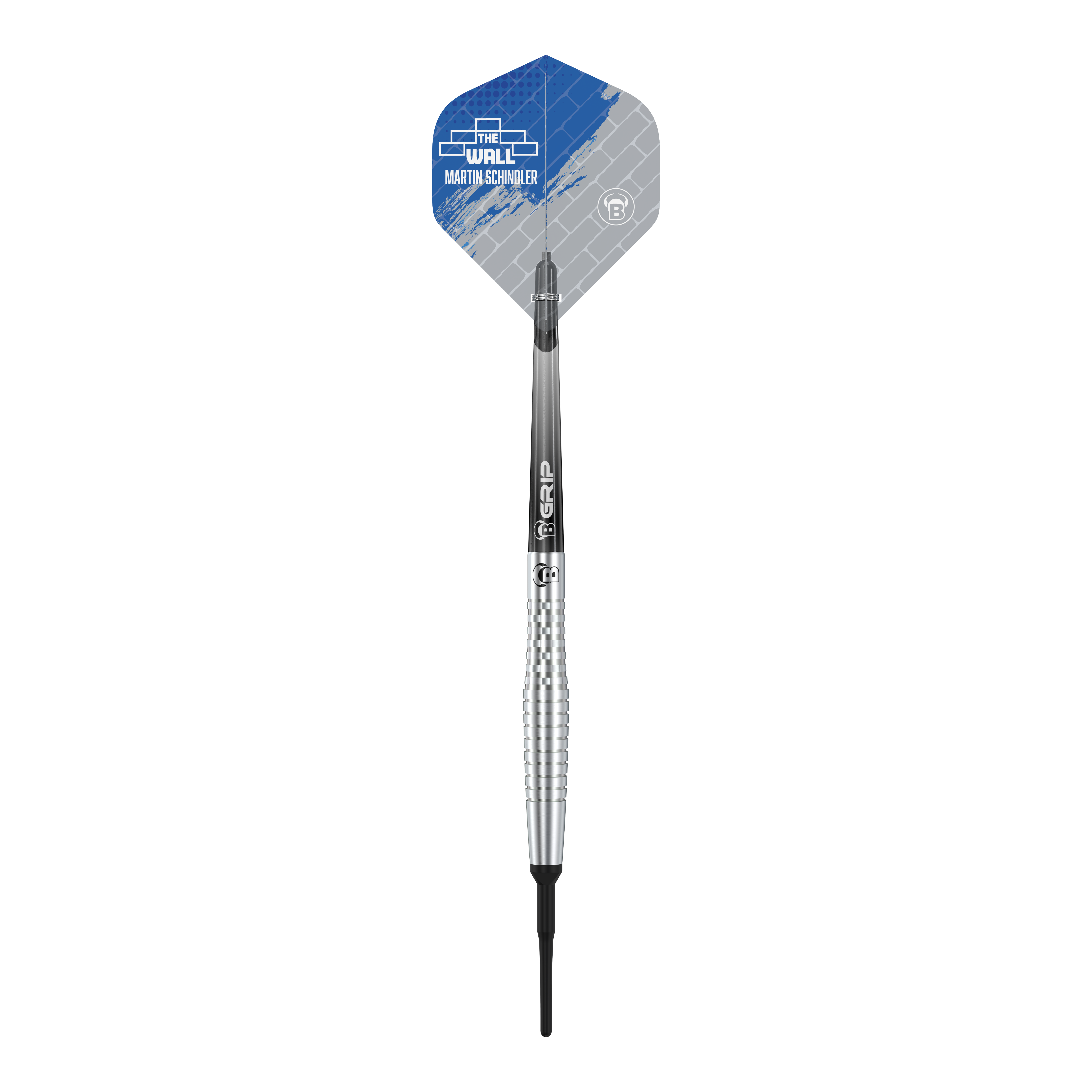 Das Bild zeigt einen Bulls Martin Schindler Original Generation 2 Softdart. Der Dartpfeil hat ein silbernes, geriffeltes Barrel und ein Flight mit blau-grauem Design.