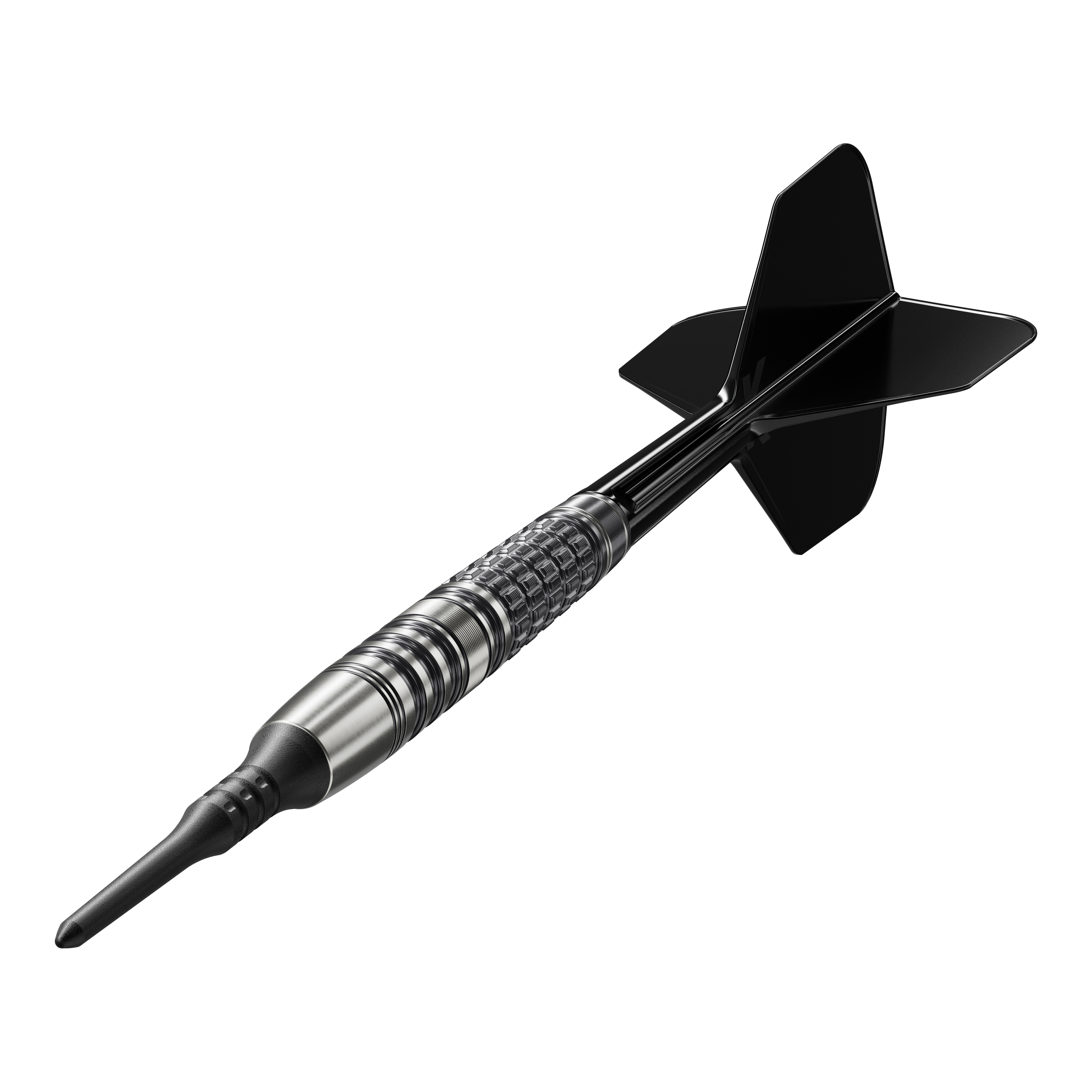 Das Bild zeigt einen Target Japan Black Marque Lumiere GEN3 Softdart mit einem Gewicht von 18,5g. Der Dartpfeil hat ein elegantes, schwarzes Design und eine strukturierte Griffzone.