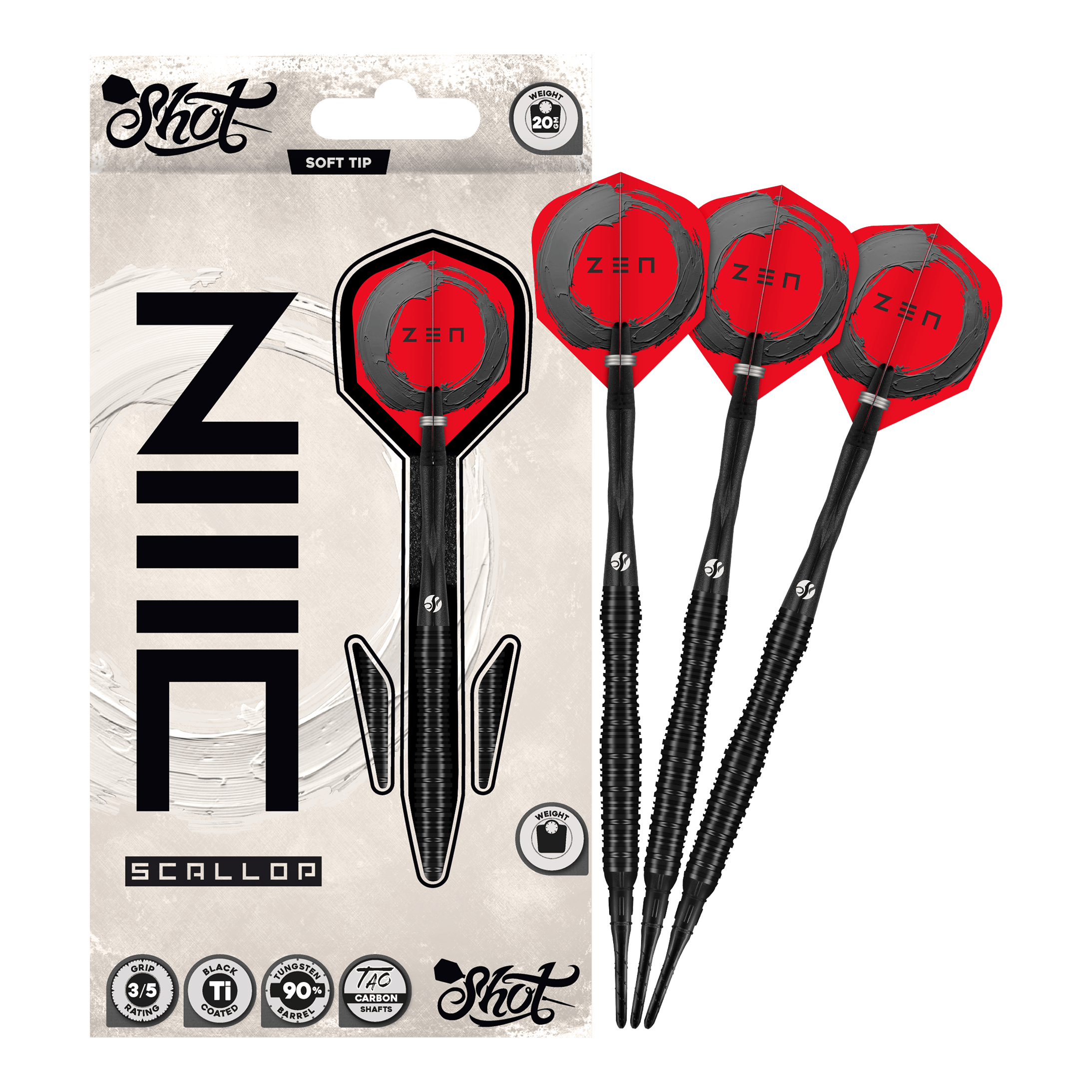 Shoty ZEN Scallop Soft Darts - 20g Das Bild präsentiert die Shot ZEN Scallop Softdarts - 20g in voller Ansicht. Diese Darts zeichnen sich durch ihre hochwertige Verarbeitung aus.