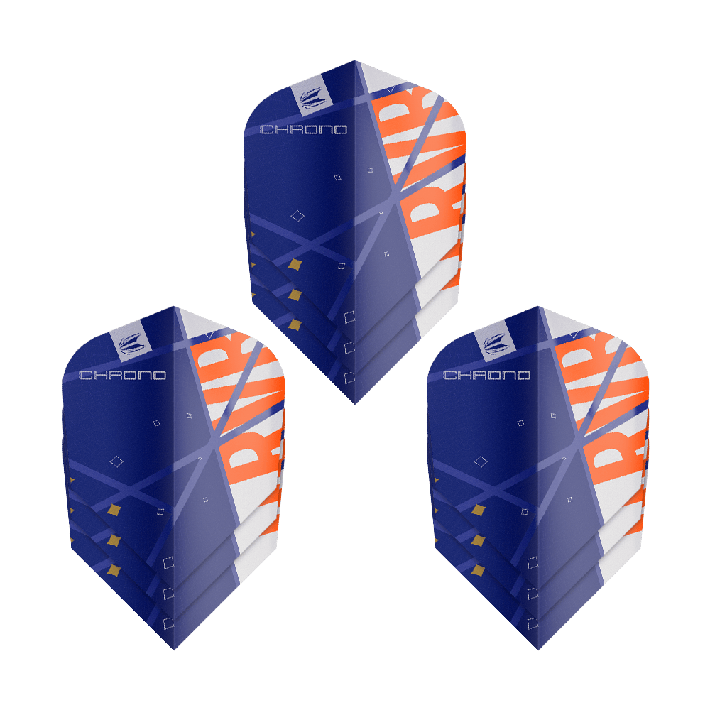 Target Pro Ultra Raymond Van Barneveld Chrono Ten-X Standard Flights - 3 zestawy Das Bild zeigt drei Sätze Target Pro Ultra Raymond Van Barneveld Chrono Ten-X Standard Flights. Die Flights sind überwiegend blau mit weißen und orangefarbenen Akzenten gestaltet.