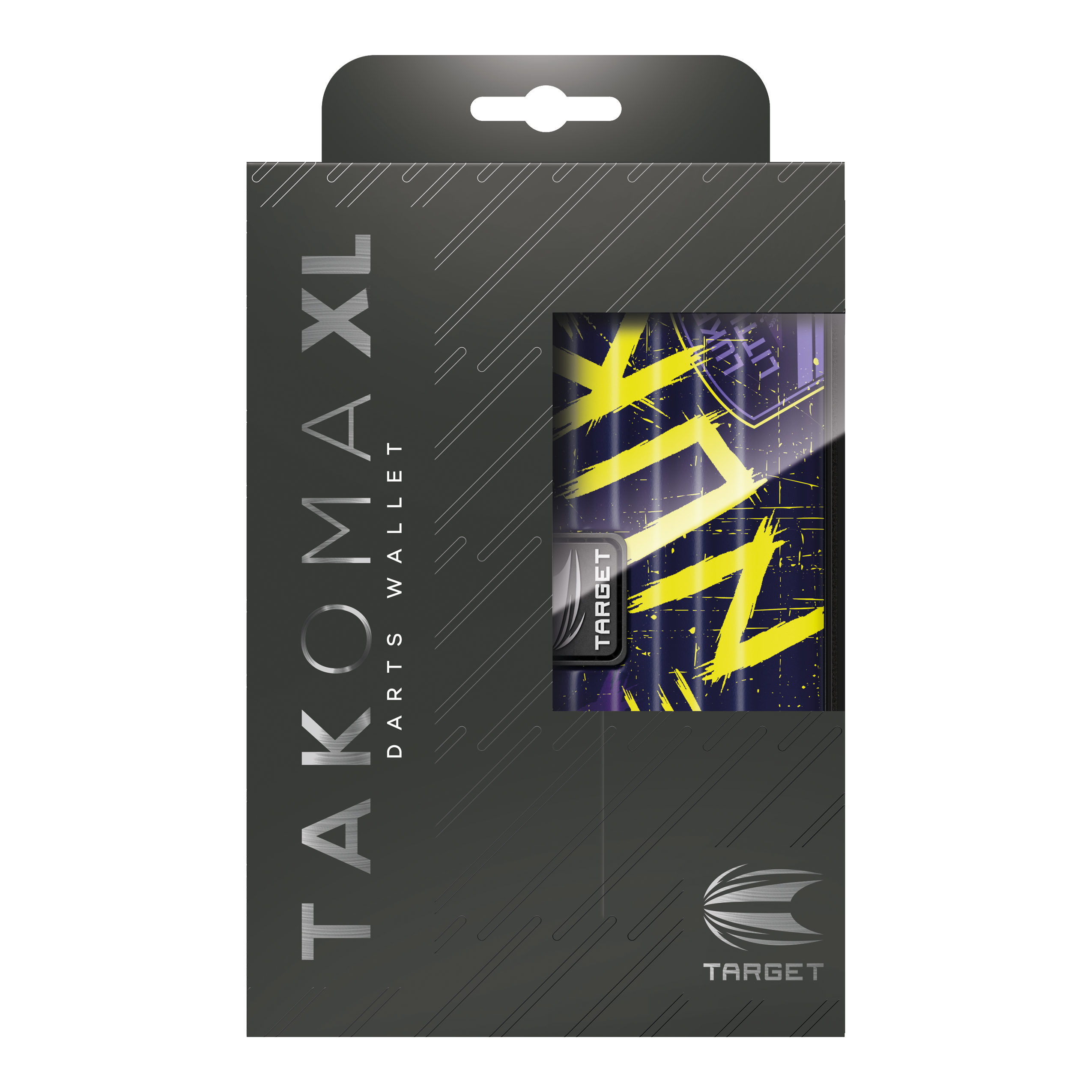 Etui na lotki Target Takoma Luke Littler XL Das Bild zeigt die Verpackung des Target Takoma XL Dartcases, das speziell für Luke Littler designt wurde. Die Verpackung ist überwiegend schwarz mit gelben und violetten Akzenten auf dem Dartcase selbst.