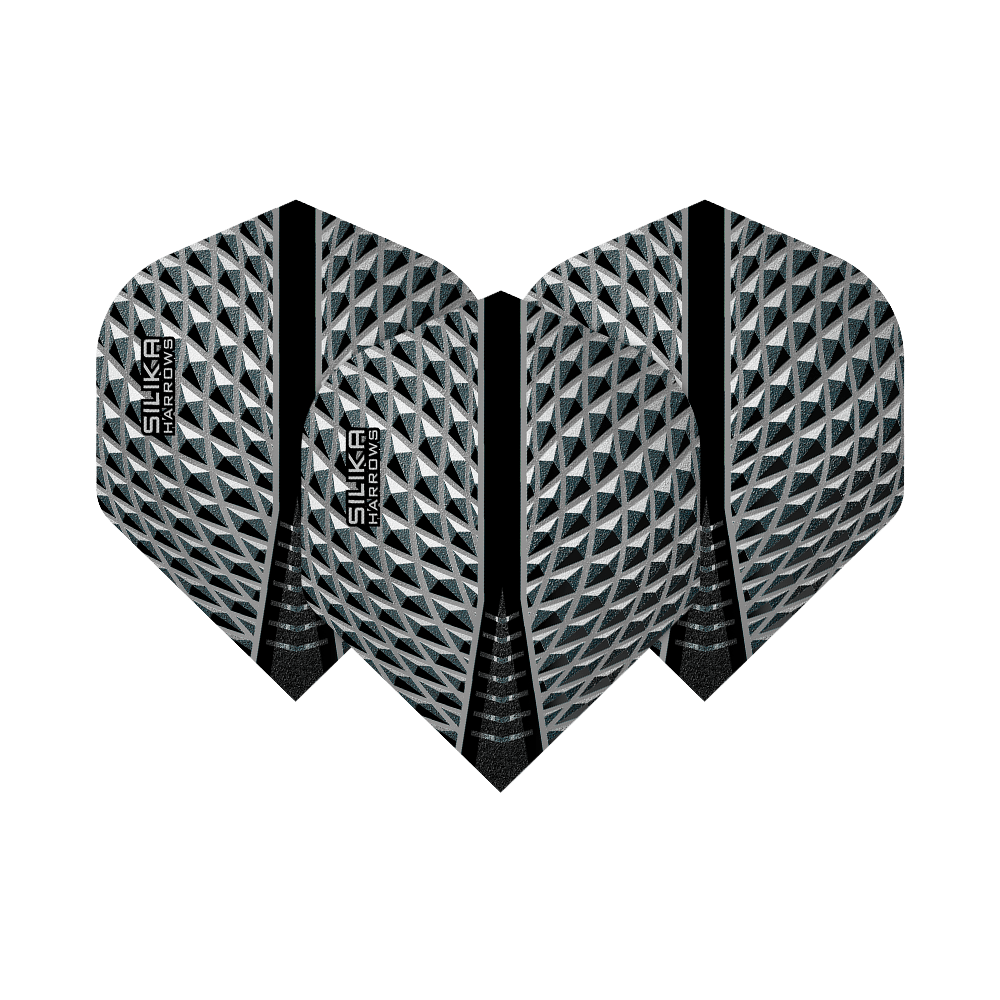 HR85_Harrows_Silika_Smokey_No2_Standard_Flights_1wn8mlLTC5gFov Das Bild zeigt die Harrows Silika Smokey No2 Standard Flights. Sie haben ein silber-schwarzes, geometrisches Muster mit dem Schriftzug "Silika Harrows".