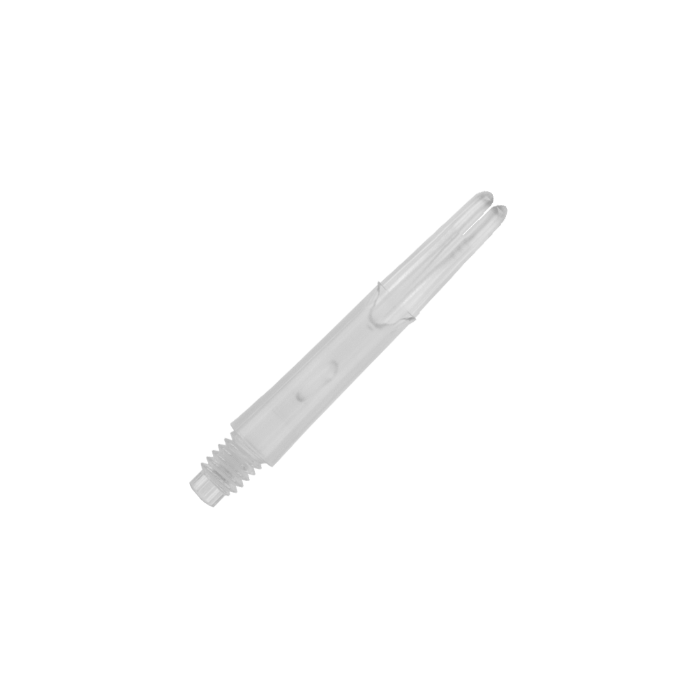 Auf dem Bild ist ein transparenter, gerader Dart-Schaft zu sehen. Er hat ein Schraubgewinde an einem Ende und ist 32 mm lang.