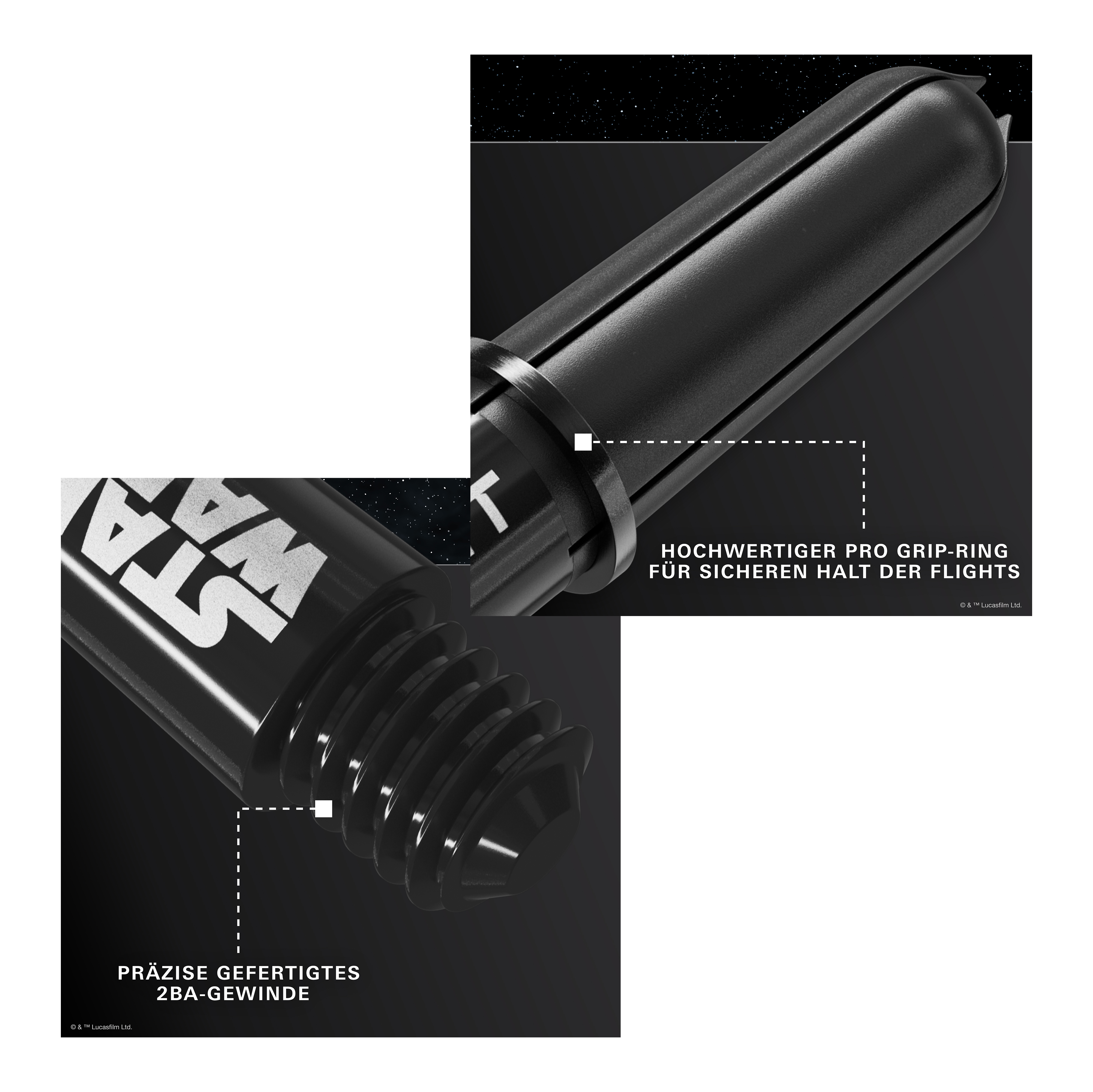 Target Star Wars ProGrip Shafts in Schwarz sind auf dem Bild zu sehen. Diese Schäfte richten sich an Dart- und Star Wars Liebhaber.