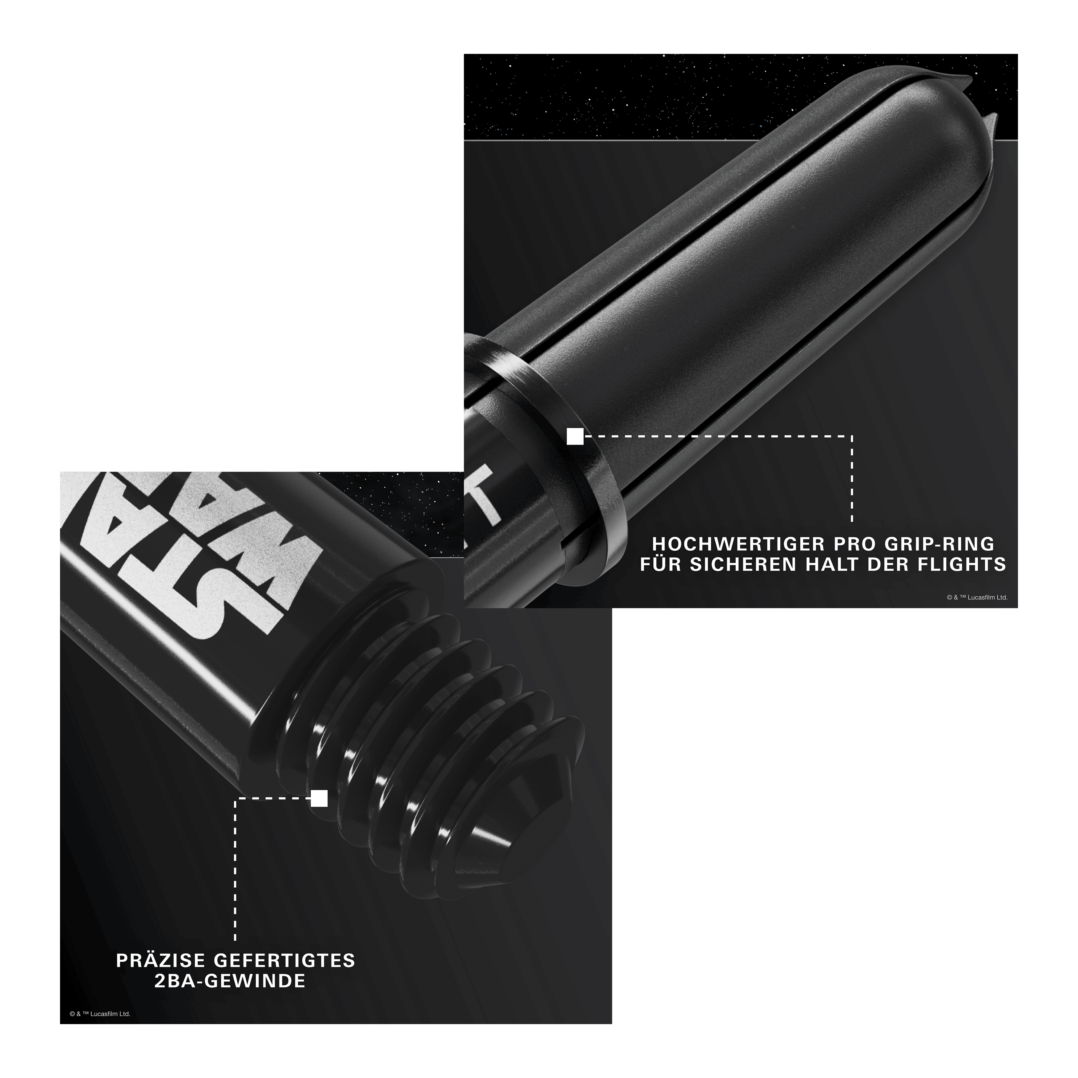 Wałki Target Star Wars ProGrip – czarne Target Star Wars ProGrip Shafts in Schwarz sind auf dem Bild zu sehen. Diese Schäfte richten sich an Dart- und Star Wars Liebhaber.