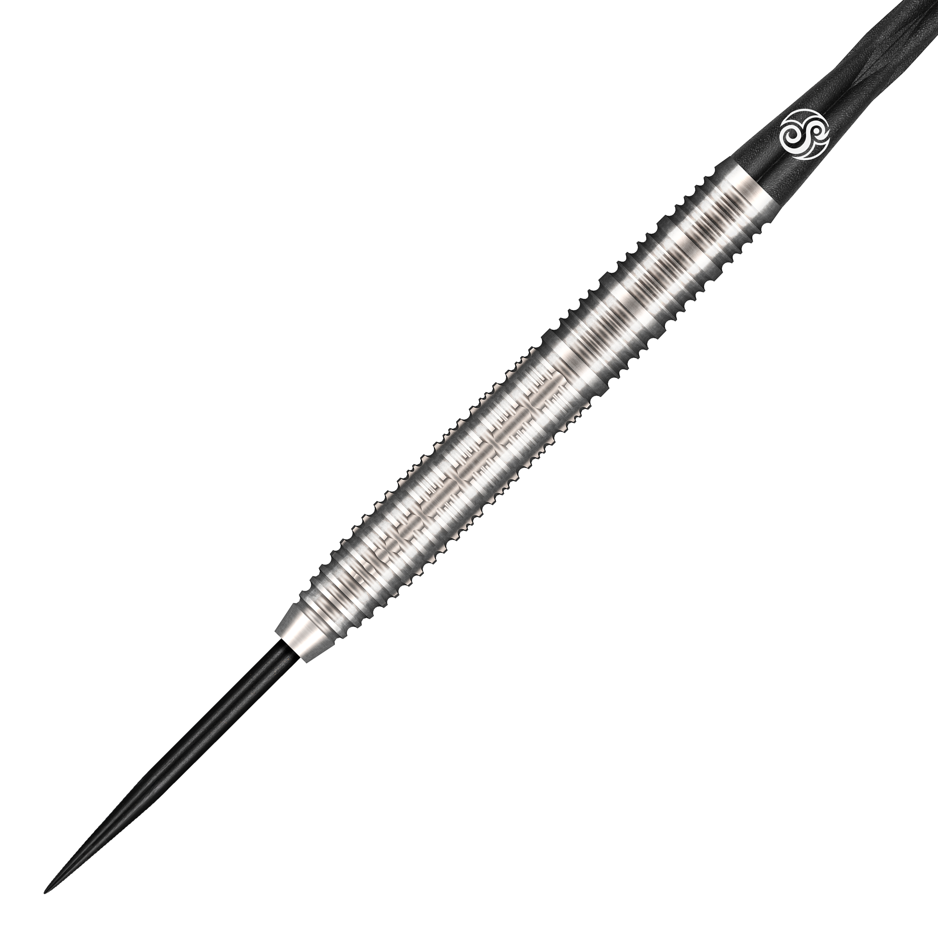 Das Bild zeigt einen Steeldart aus der Shot Pro Series, Bradley Brooks GEN2 mit 23 Gramm Gewicht. Der Dart hat ein silbernes, geriffeltes Barrel und eine schwarze Spitze.