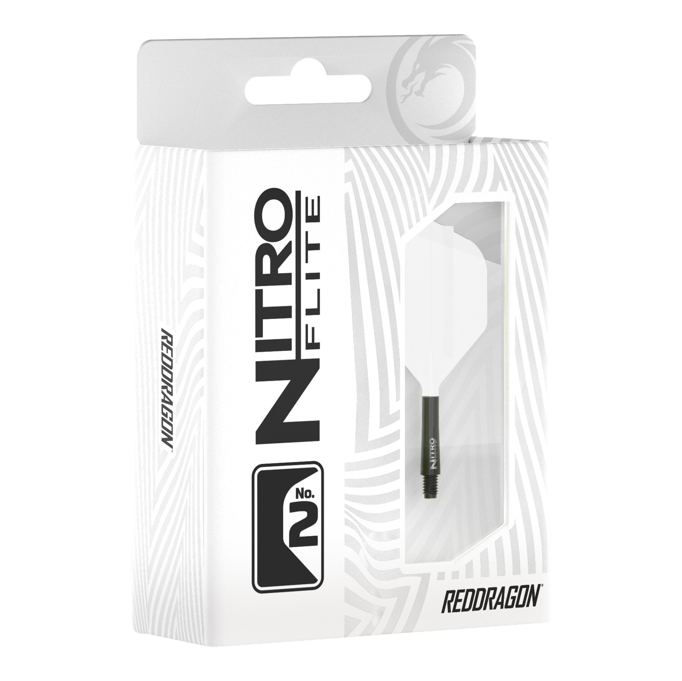 Abgebildet ist Red Dragon Nitroflite Black Shaft White Flights No2. Zu sehen sind schwarze Dart-Schäfte mit weißen Flights.
