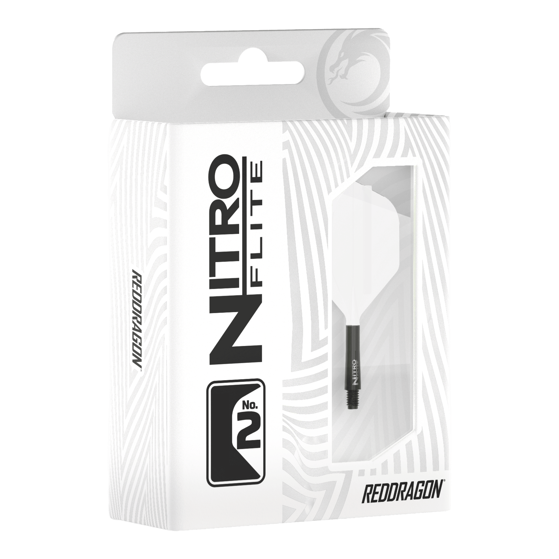 Red Dragon Nitroflite Czarny trzonek Białe lotki nr 2 Abgebildet ist Red Dragon Nitroflite Black Shaft White Flights No2. Zu sehen sind schwarze Dart-Schäfte mit weißen Flights.