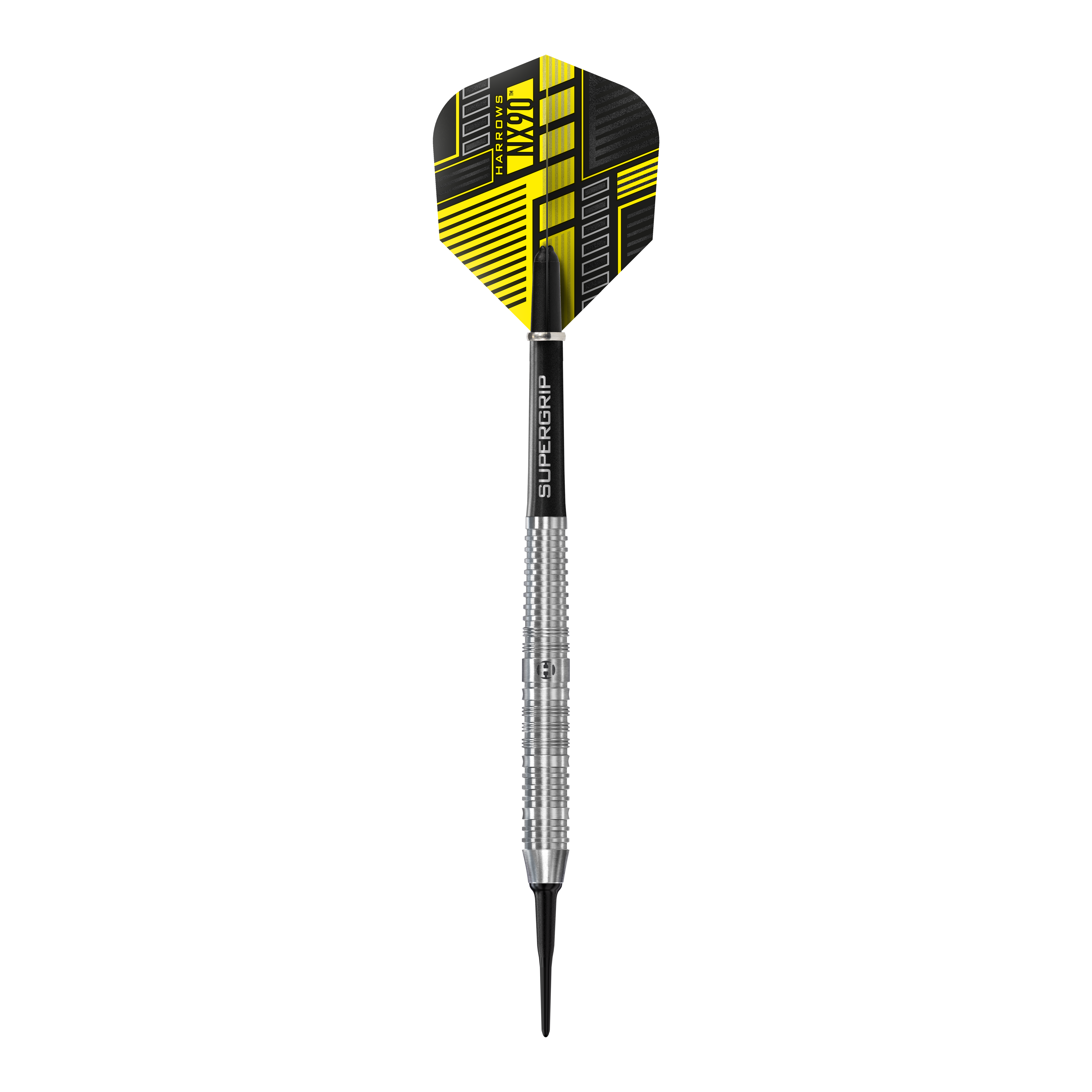 Harrows NX90 Parallel Softdart Das Bild zeigt einen Harrows NX90 Parallel Softdart mit silbernem Schaft und schwarzem Flight. Der Flight hat ein modernes gelb-schwarzes Design.