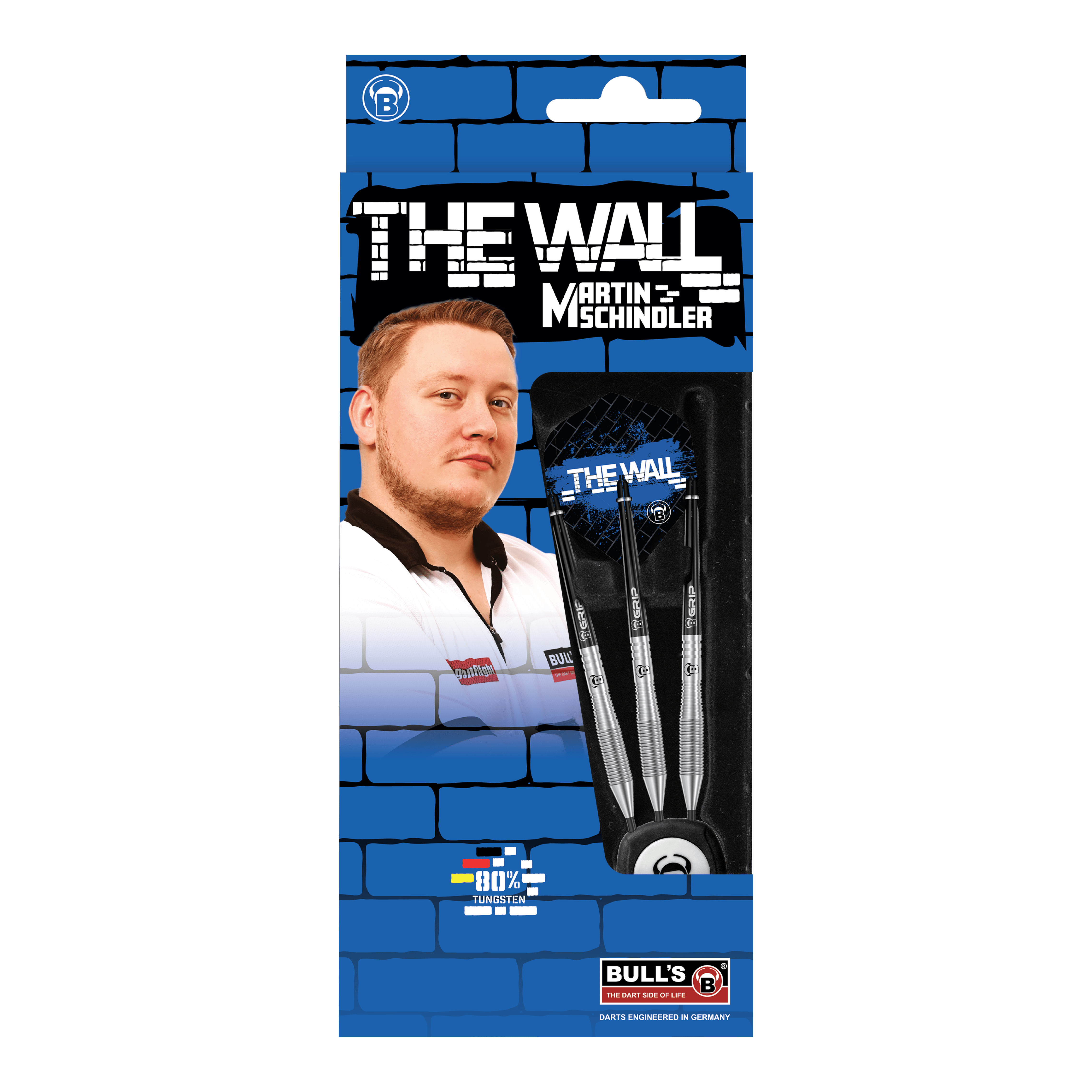 Stalowe lotki Bulls Martin Schindler TW80 Die Verpackung zeigt die "Bulls Martin Schindler TW80 Steeldarts" mit einem Bild von Martin Schindler. Im Inneren sind drei silberne Steeldarts zu sehen.