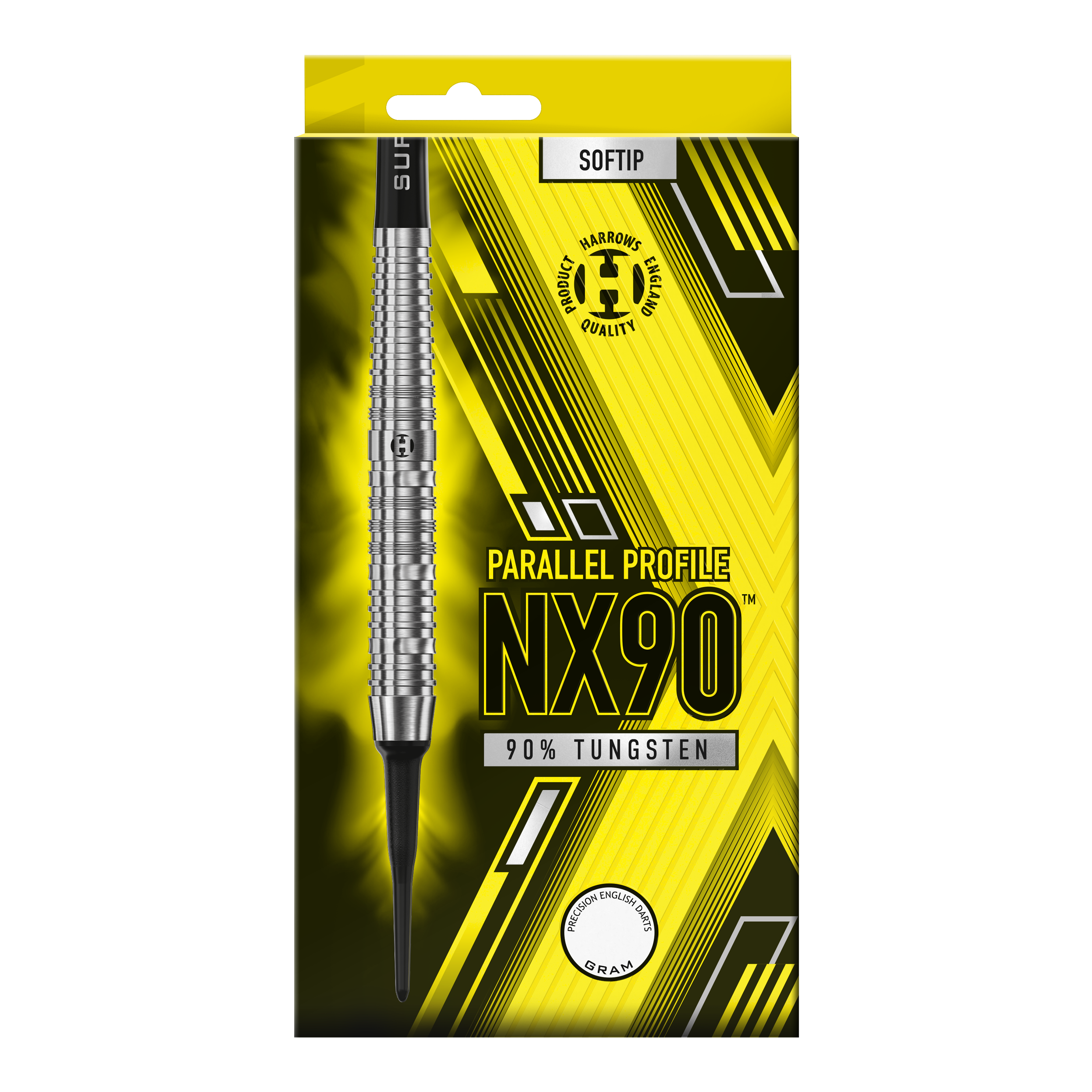 Harrows NX90 Parallel Softdart Die Abbildung zeigt die Verpackung der Harrows NX90 Parallel Softdarts. Auf der gelb-schwarzen Packung steht, dass die Darts aus 90 % Tungsten bestehen.