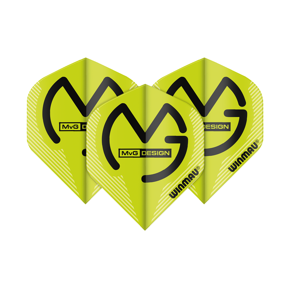 Das Bild zeigt drei grüne Winmau Mega MvG Standard Flights. Auf den Flights ist ein schwarzes „MvG DESIGN“-Logo und das Wort „WINMAU“ gedruckt.