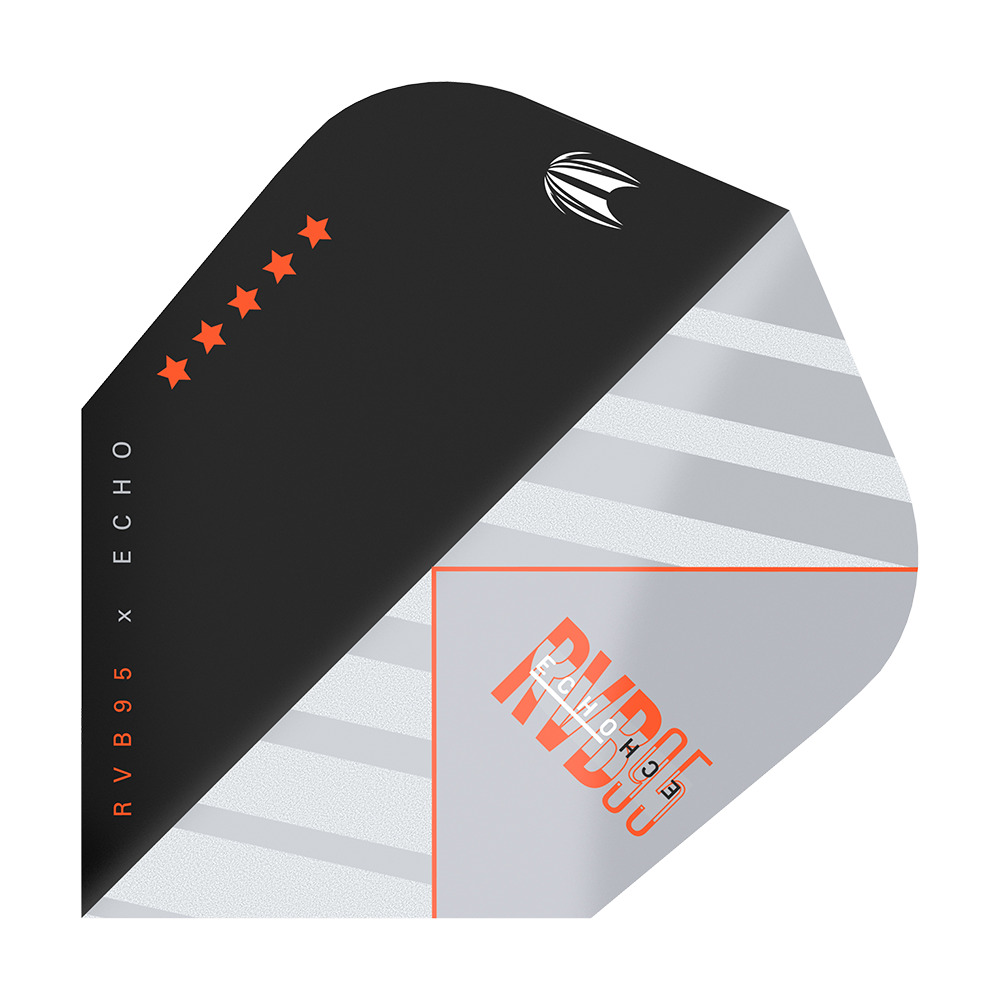 TG86_336730_Target_ProUltra_RvB95_X_Echo_Ten-X_Flights_1a Das Bild zeigt das Produkt „Target Pro Ultra RvB95 X Echo Ten-X Flights“. Das Flight-Design ist schwarz und silber mit orangefarbenen Akzenten und fünf Sternen.