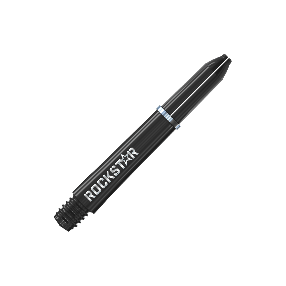 Winmau Joe Cullen Rockstar Nylon Shafts Czarny Auf dem Bild ist ein schwarzer Dart-Schaft mit der Aufschrift "ROCKSTAR" zu sehen. Der Schaft hat einen silbernen Ring in der Mitte.