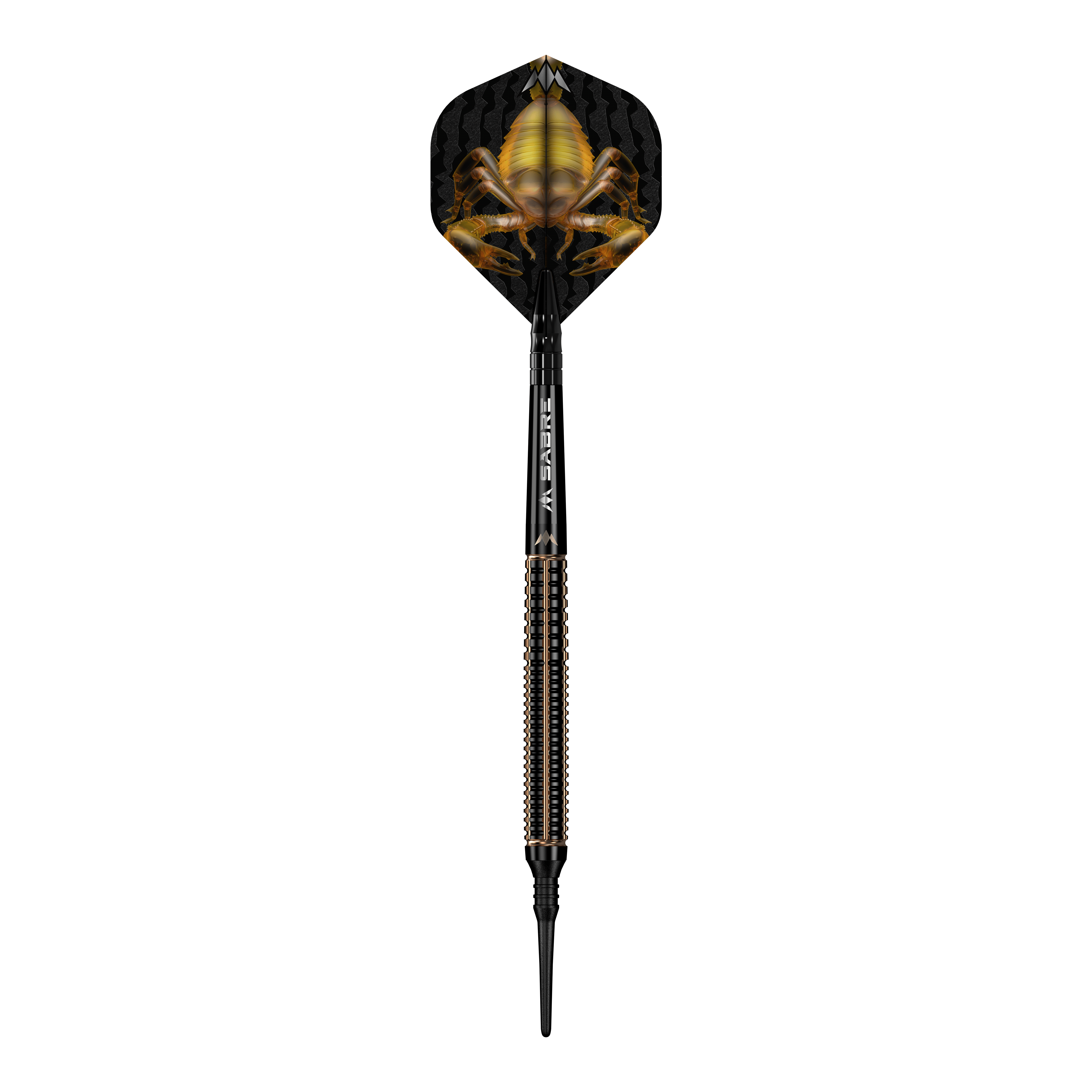 Miękkie lotki Mission Scorpion - 19g Das Bild zeigt einen Softdart namens "Mission Scorpion Softdarts - 19g". Auf dem Flight ist ein auffälliges Skorpion-Design in Gelb und Schwarz zu sehen.