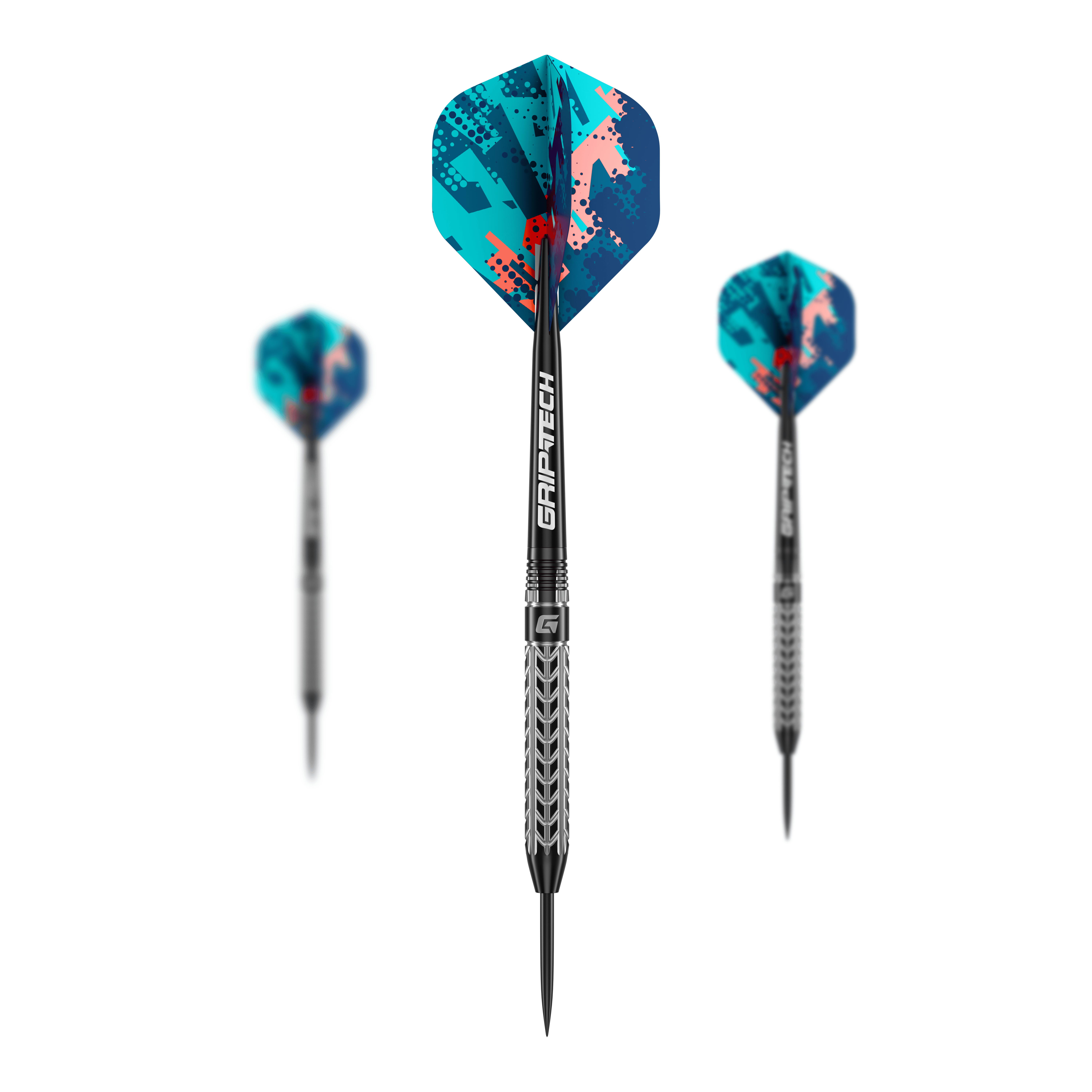 Lotki GOAT Traction ze stali wolframowej Das Bild zeigt drei GOAT Traction Tungsten Steeldarts mit bunten Flights in Blau- und Rottönen. Auf dem Mittelteil der Darts steht "GRIPTECH" geschrieben.