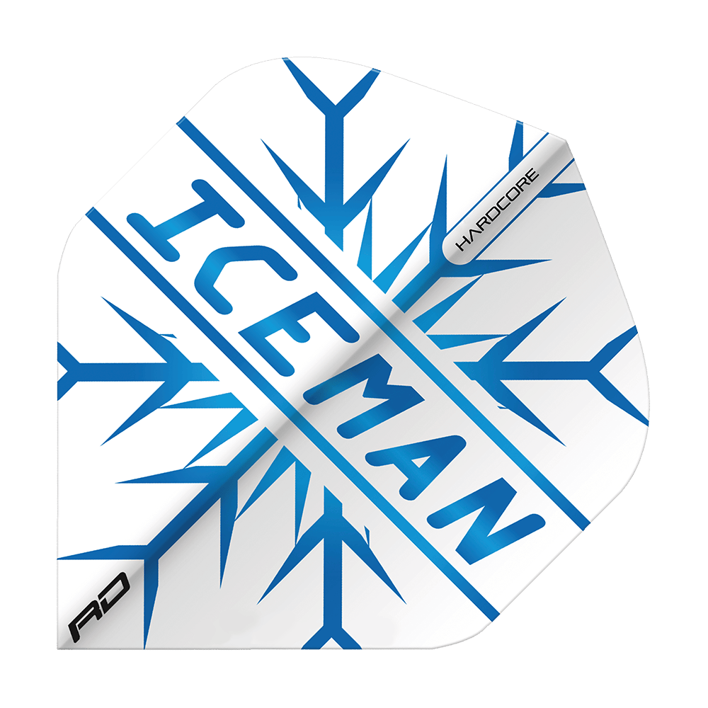 TF6421_RedDragon_Hardcore_Gerwyn_Price_Iceman_Standard_Flights_1V9AxeKvFNHw00 Das Bild zeigt ein Dartflight mit dem Aufdruck "ICEMAN" in blauer Schrift und einem Schneeflockenmuster. In der Ecke steht das Wort "HARDCORE" und das Red Dragon Logo ist ebenfalls zu sehen.