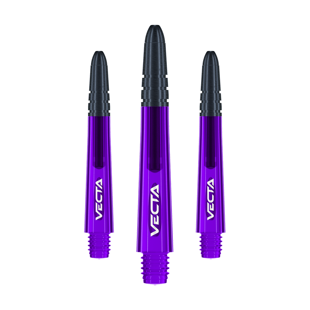 Winmau Vecta Shafts - fioletowo-czarne Das Bild zeigt drei violett-schwarze Dartschäfte mit der Aufschrift "VECTA". Sie sind gleich lang und nebeneinander angeordnet.