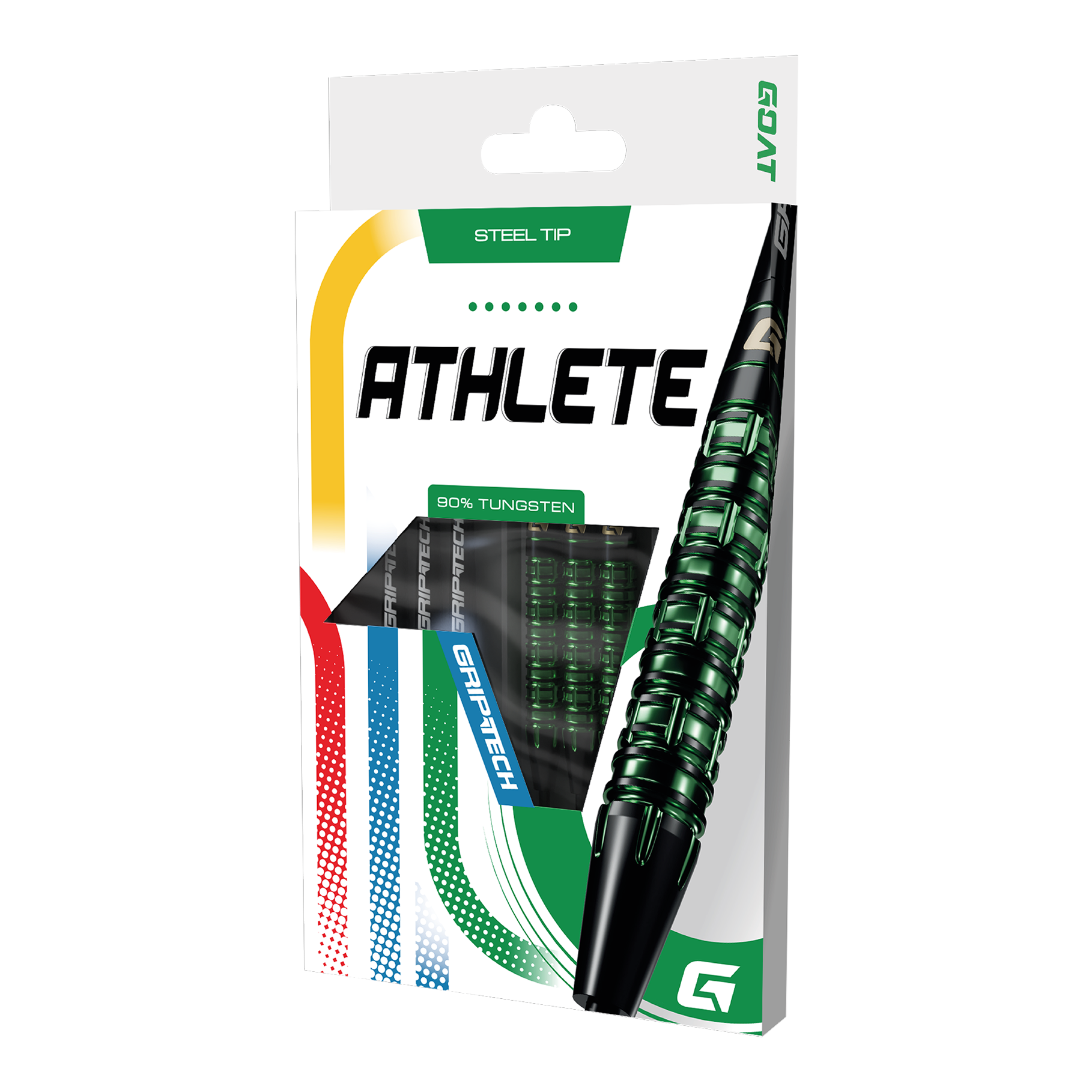 Dieses Bild stellt die GOAT Athlete Green Tungsten Steeldarts dar. Die Darts heben sich durch ihr grünes Design hervor.
