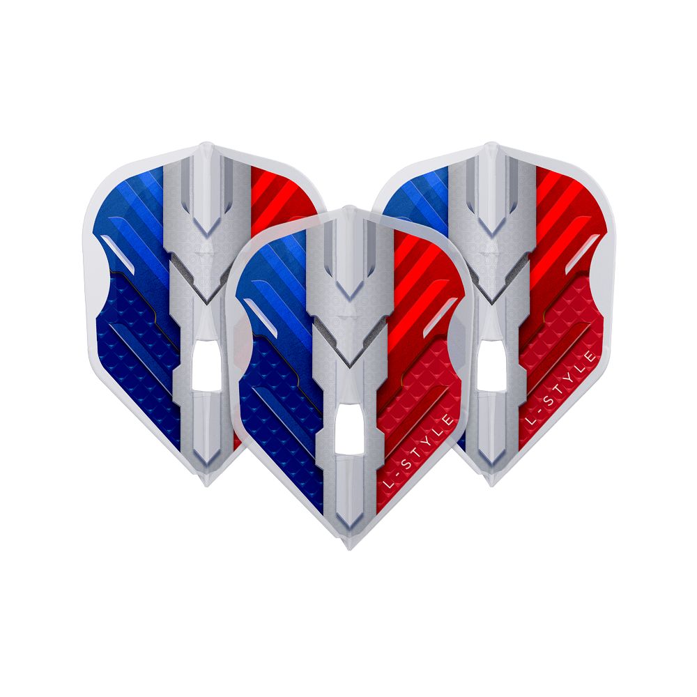 L-Style V-Series V1 Typ B Francja Przezroczysta biel L3PRO Loty Das Bild zeigt drei Dart-Flights mit einem modernen Design in den Farben Blau, Weiß und Rot. Auf den Flights steht der Schriftzug "L-Style".