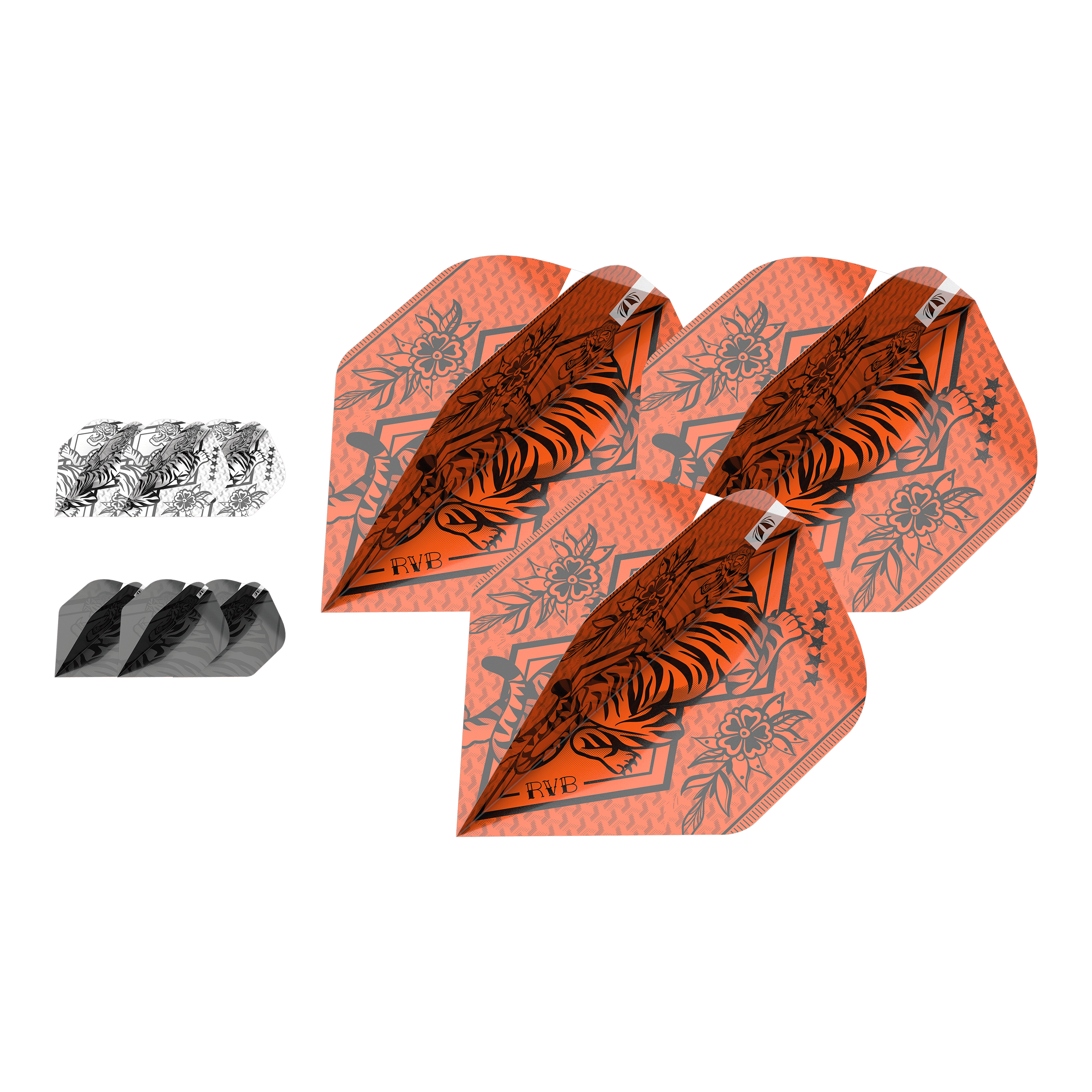 Target Ink Bundle 3 Zestawy Raymonda Van Barnevelda No2 Standard Flights Das Bild zeigt drei Sätze Dartflights in verschiedenen Farben und Designs, darunter auffällige orangefarbene Flights mit Tiger-Motiv. Es handelt sich um das Produkt "Target Ink Bundle 3 Sets Raymond Van Barneveld No2 Standard Flights."