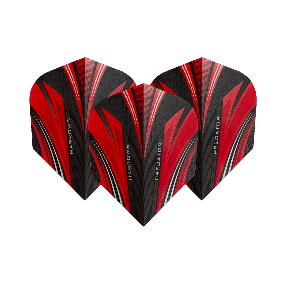 HR7518_Harrows_Prime_Predator_Rot_No2_Standard_Flights_16U3wIPtCBphyV Das Bild zeigt drei Dart-Flights des Modells „Harrows Prime Predator Rot No2 Standard“. Die Flights sind in den Farben Rot, Schwarz und Weiß mit einem modernen Muster gestaltet.