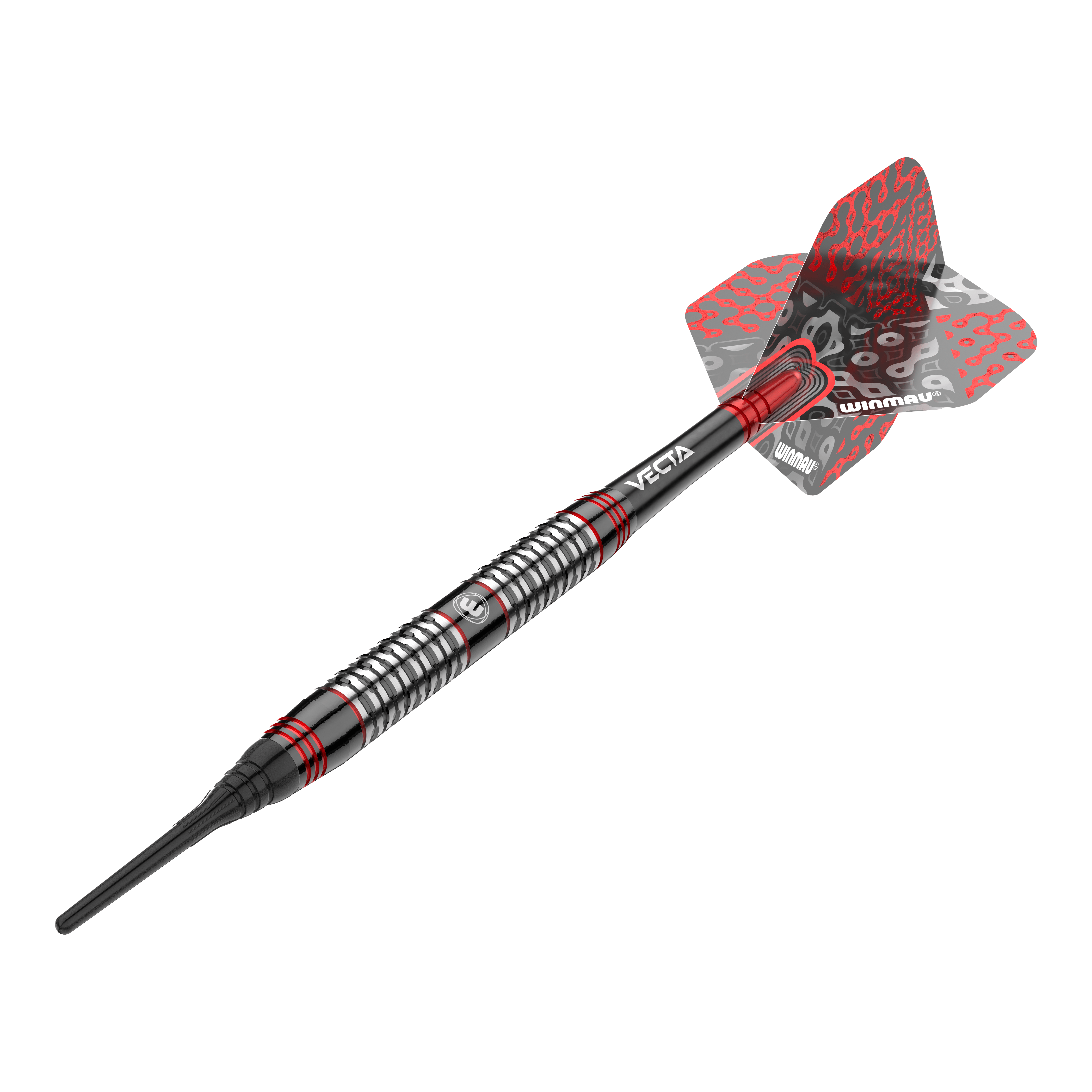 Winmau Cypher Softdarts - 20g Dies ist ein Winmau Cypher Softdart mit einem Gewicht von 20 Gramm. Der Dart hat ein modernes Design mit schwarzen, silbernen und roten Akzenten.