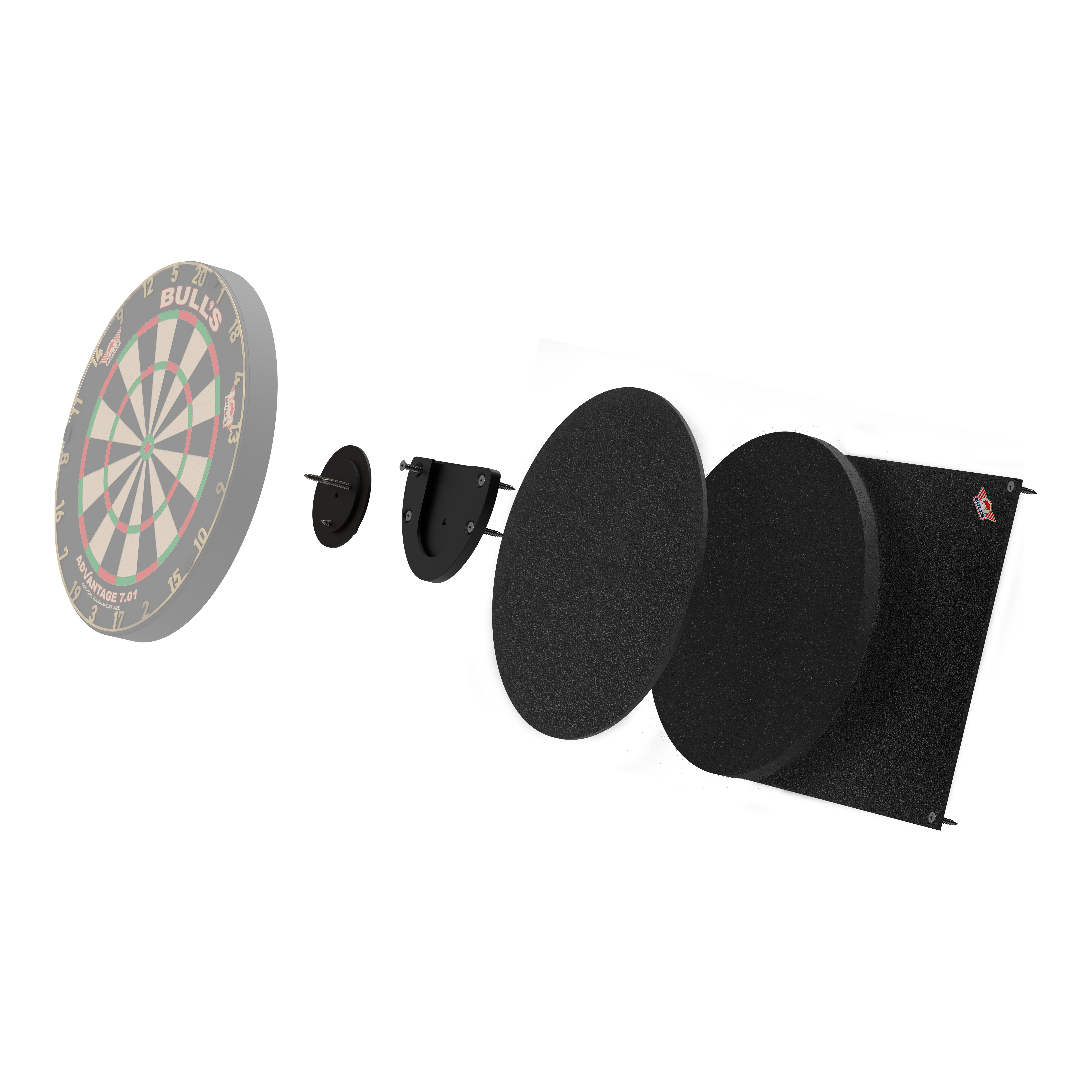 Das Bild zeigt das Produkt "Bulls NL Dartboard Silencer" in einer Explosionszeichnung. Die verschiedenen Teile sind einzeln dargestellt, darunter das Dartboard und mehrere schallabsorbierende Schichten.