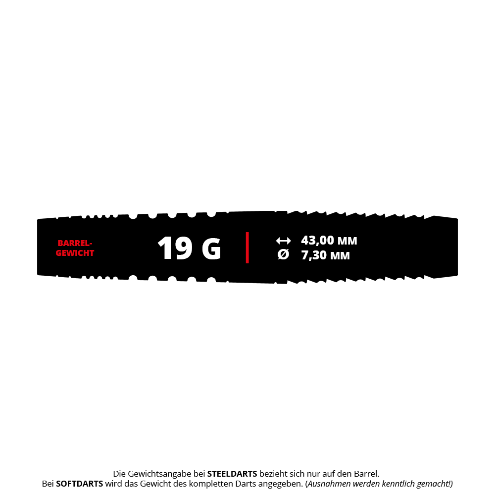 Target Japan Crux Courage Soft Darts - 19g Das Bild zeigt die Produktinformationen des "Target Japan Crux Courage Softdarts - 19g". Der Dart hat ein Gewicht von 19 Gramm, eine Länge von 43,00 mm und einen Durchmesser von 7,30 mm.