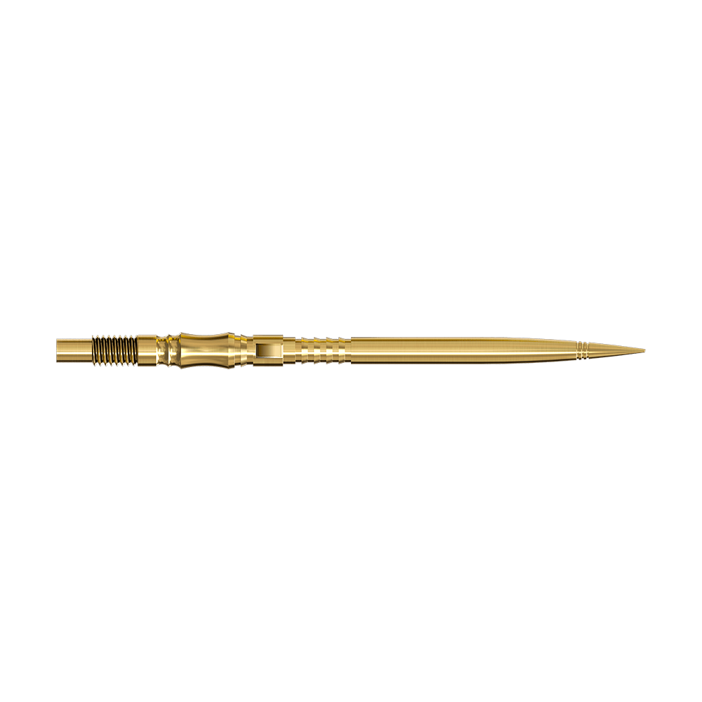 Końcówki do lotek Harrows Quick Point Axis Elite Series – złote Zwei lange, goldene Dartspitzen werden seitlich gezeigt. Beide Spitzen liegen parallel auf einer hellen Fläche.