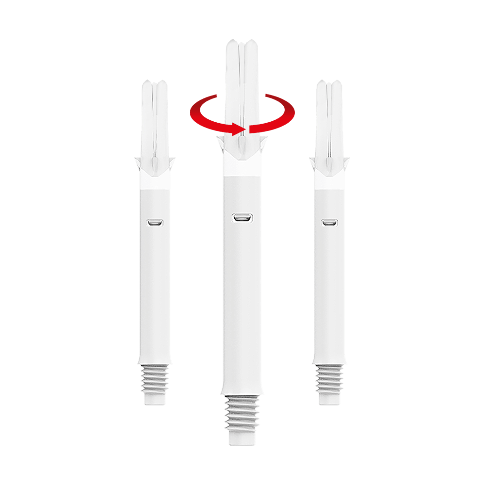 Wałki typu L Silent Straight - białe Das Bild zeigt drei weiße Dartshafts mit einem geraden Design. Über dem mittleren Shaft ist ein roter Pfeil zu sehen, der eine Drehbewegung anzeigt.
