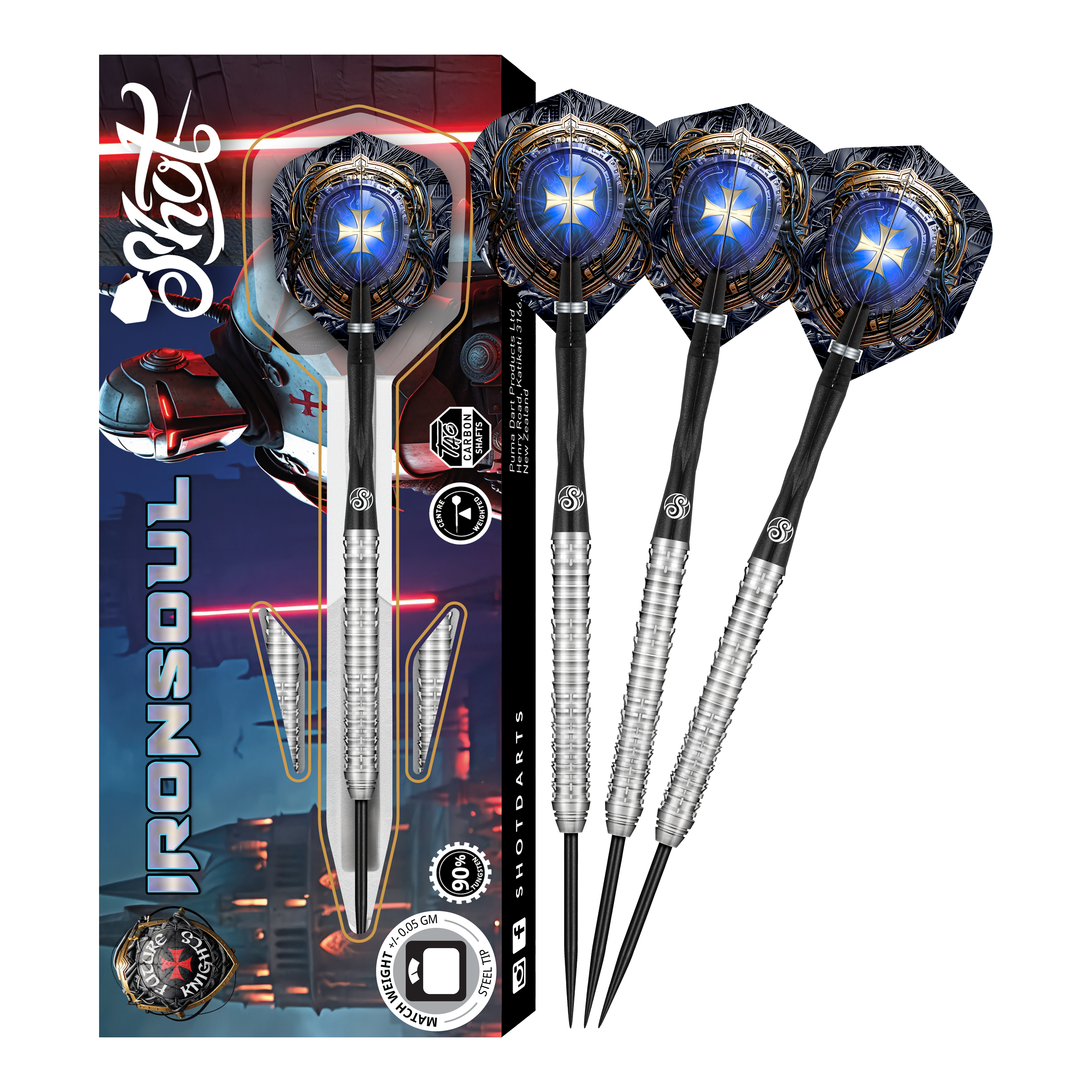 Das Bild zeigt das Produkt "Shot Future Knights Ironsoul Steeldarts" mit einer futuristischen Verpackung. Drei silberne Steeldarts mit blauen Flights sind neben der Verpackung abgebildet.