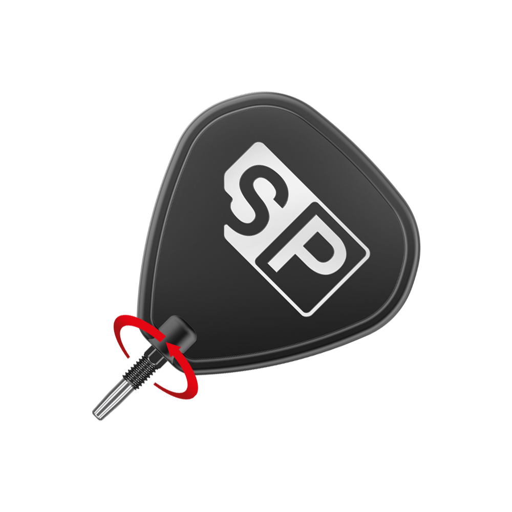 Końcówki do lotek Target Swiss Diamond Pro Black Points Das Bild zeigt eine schwarze Dartspitze mit dem weißen Aufdruck "SP". Ein roter Pfeil deutet auf eine Drehbewegung hin, vermutlich zum Anbringen oder Entfernen der Spitze.