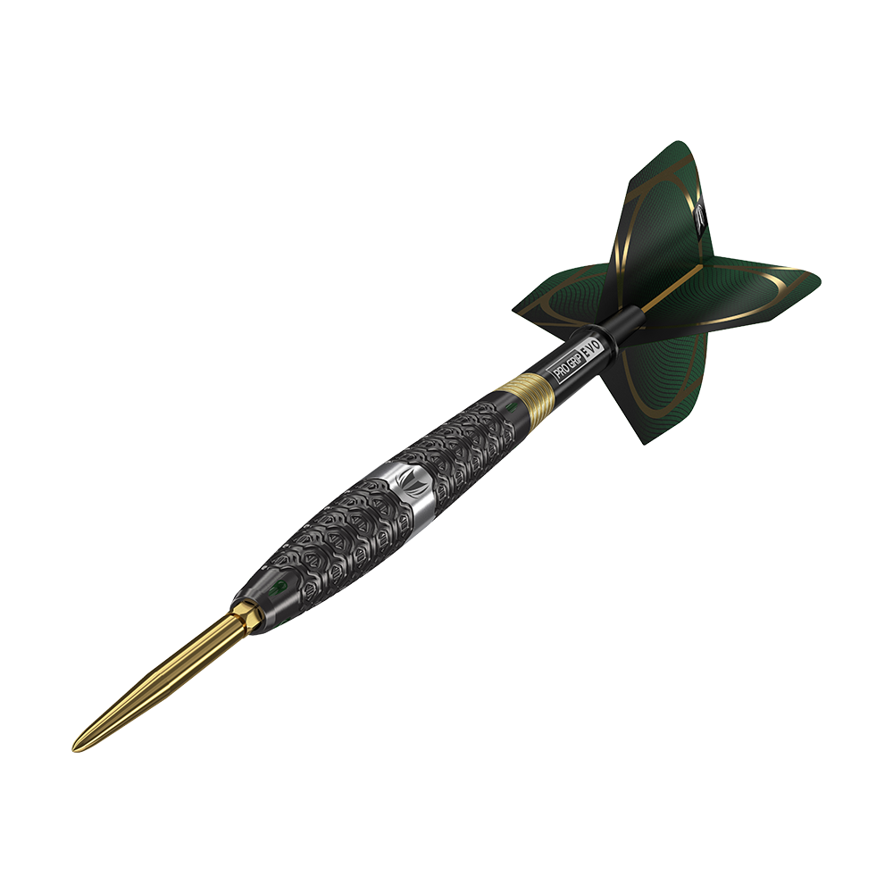 190201_Target_Cult_01_Swiss_Point_Steeldarts_4 Das Bild zeigt einen modernen Steeldartpfeil mit einem goldenen Spitzenende. Der Schaft ist schwarz mit goldenen Akzenten und hat ein auffälliges, strukturiertes Design.