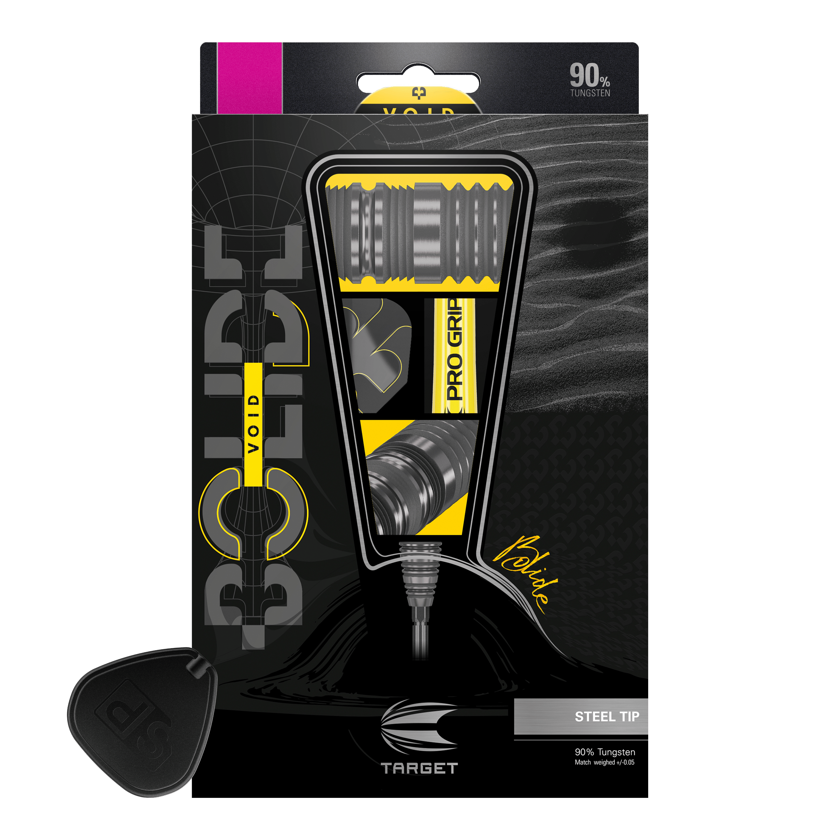 Stalowe lotki Target Bolide Void 02 Swiss Point Das Bild zeigt die Verpackung der "Target Bolide Void 02 Swiss Point Steeldarts". Die Darts bestehen zu 90% aus Tungsten und haben eine Stahlspitze.