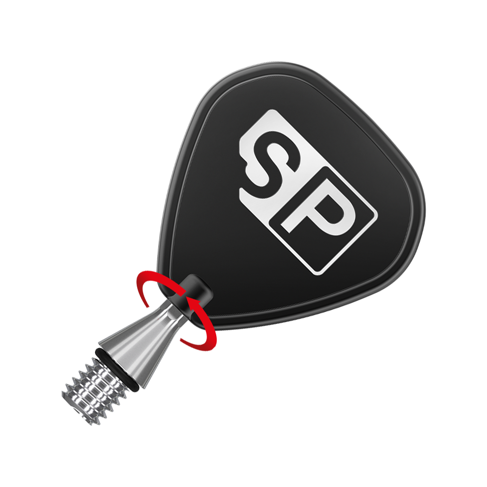 380168_Target_Titanium_Swiss_Point_Nano_Conversion_Points_Silber_3 Das Bild zeigt eine silberne Titan-Spitze mit einem schwarzen Aufsatz, auf dem die Buchstaben "SP" stehen. Ein roter Pfeil deutet auf eine Drehbewegung am Übergang zwischen Spitze und Aufsatz hin.