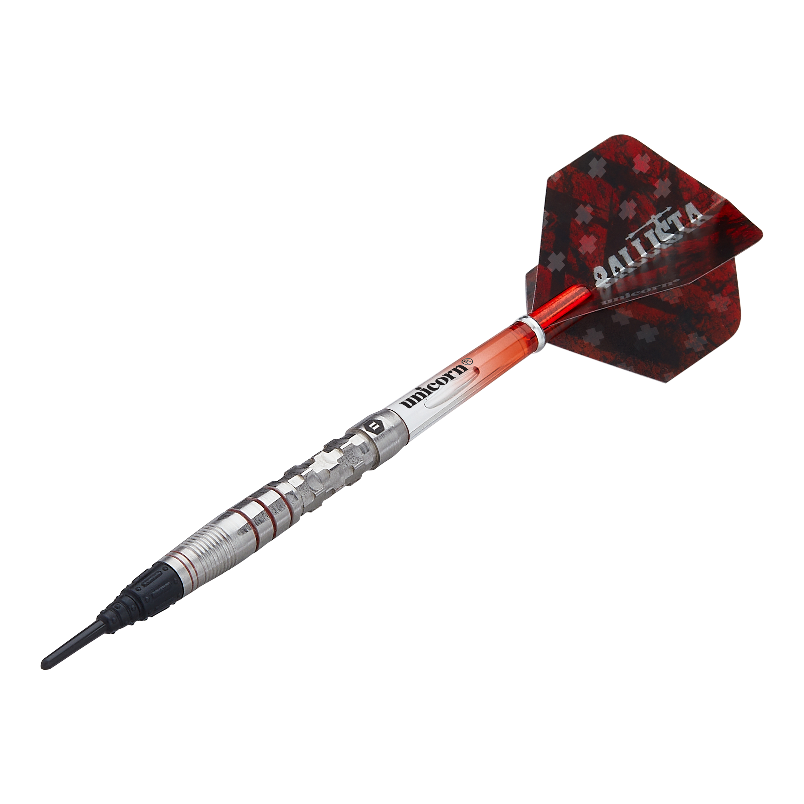 Unicorn Ballista Style 3 miękkie lotki Das Bild zeigt einen Softdart der Marke Unicorn Ballista Style 3. Der Dart hat einen silbernen Schaft und rote Flügel mit einem Muster und der Aufschrift "BALLISTA".