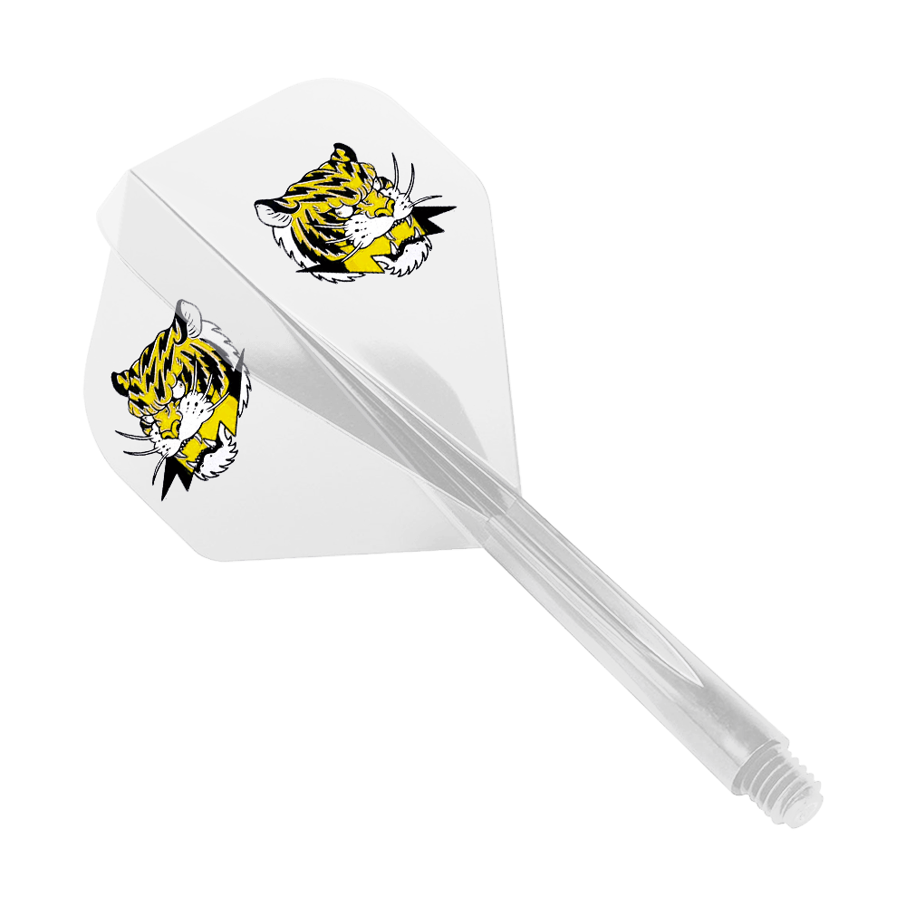 Condor AX Inazuma Tiger Mix Flight System Żółty Przezroczysty - Standard Das Bild zeigt das Produkt "Condor AXE Inazuma Tiger Mix Flight-System Yellow Clear - Standard". Auf dem weißen Flight sind zwei gelbe Tigerköpfe abgebildet.