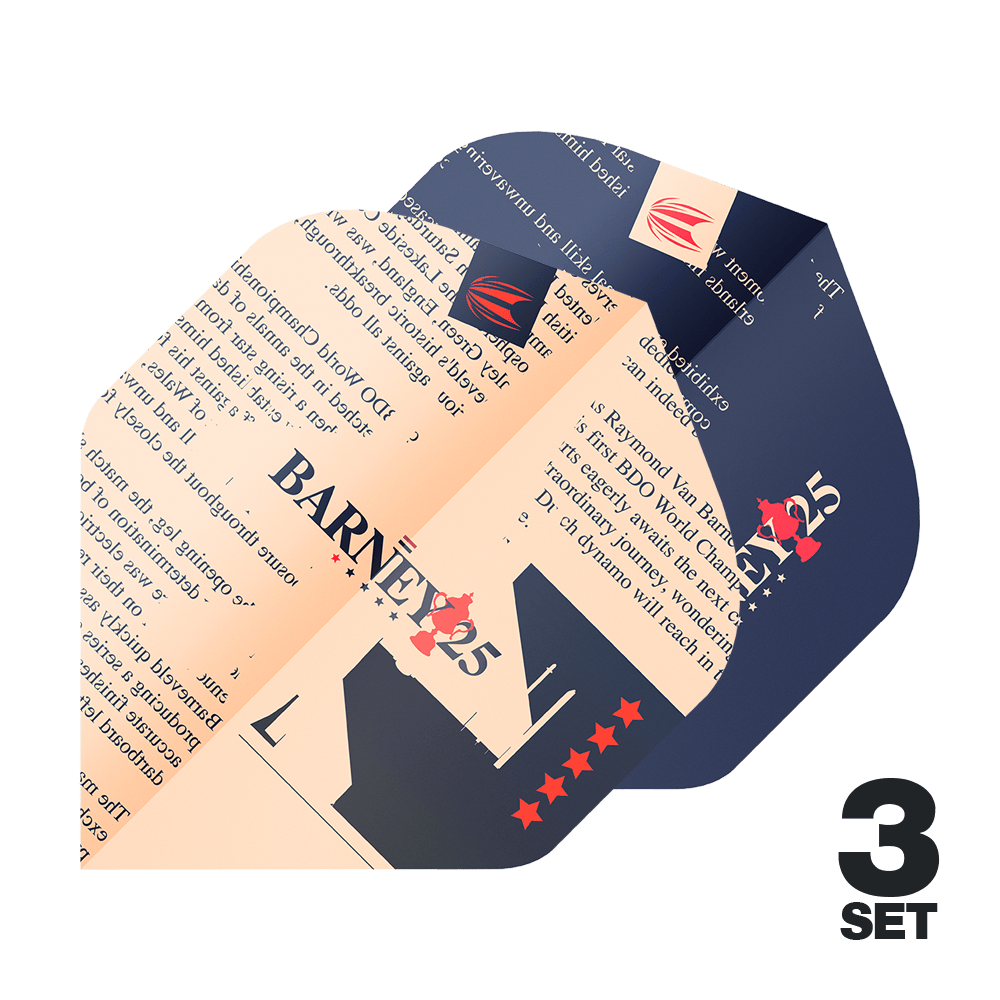 Kieruj na standardowe loty ProUltra Raymond Van Barneveld Barney25 Das Bild zeigt die Target ProUltra Raymond Van Barneveld Barney25 Standard Flights in einem auffälligen Design. In der rechten unteren Ecke steht "3 SET", was darauf hinweist, dass drei Sätze enthalten sind.