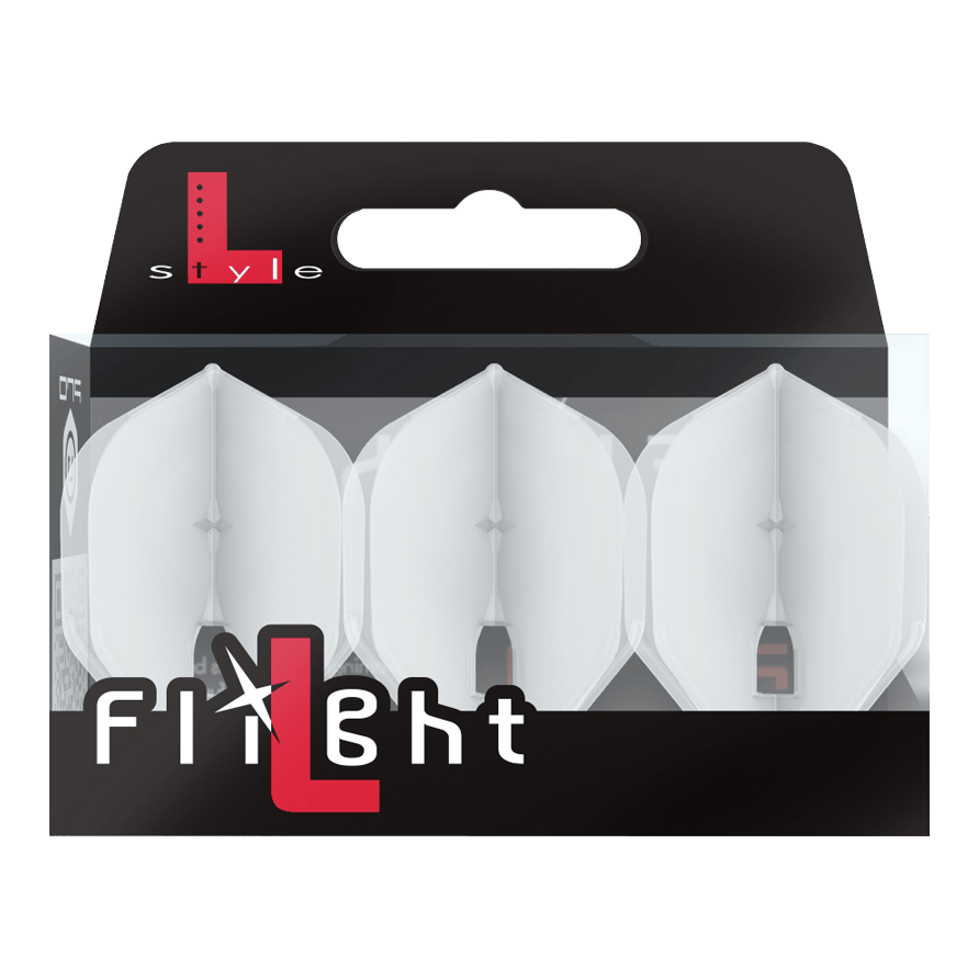 L-Style Champagne L1PRO Flights Die Verpackung enthält drei transparente Dart-Flights der Marke L-Style. Auf der Packung steht groß „Flight“ und oben links ist das L-Style-Logo zu sehen.