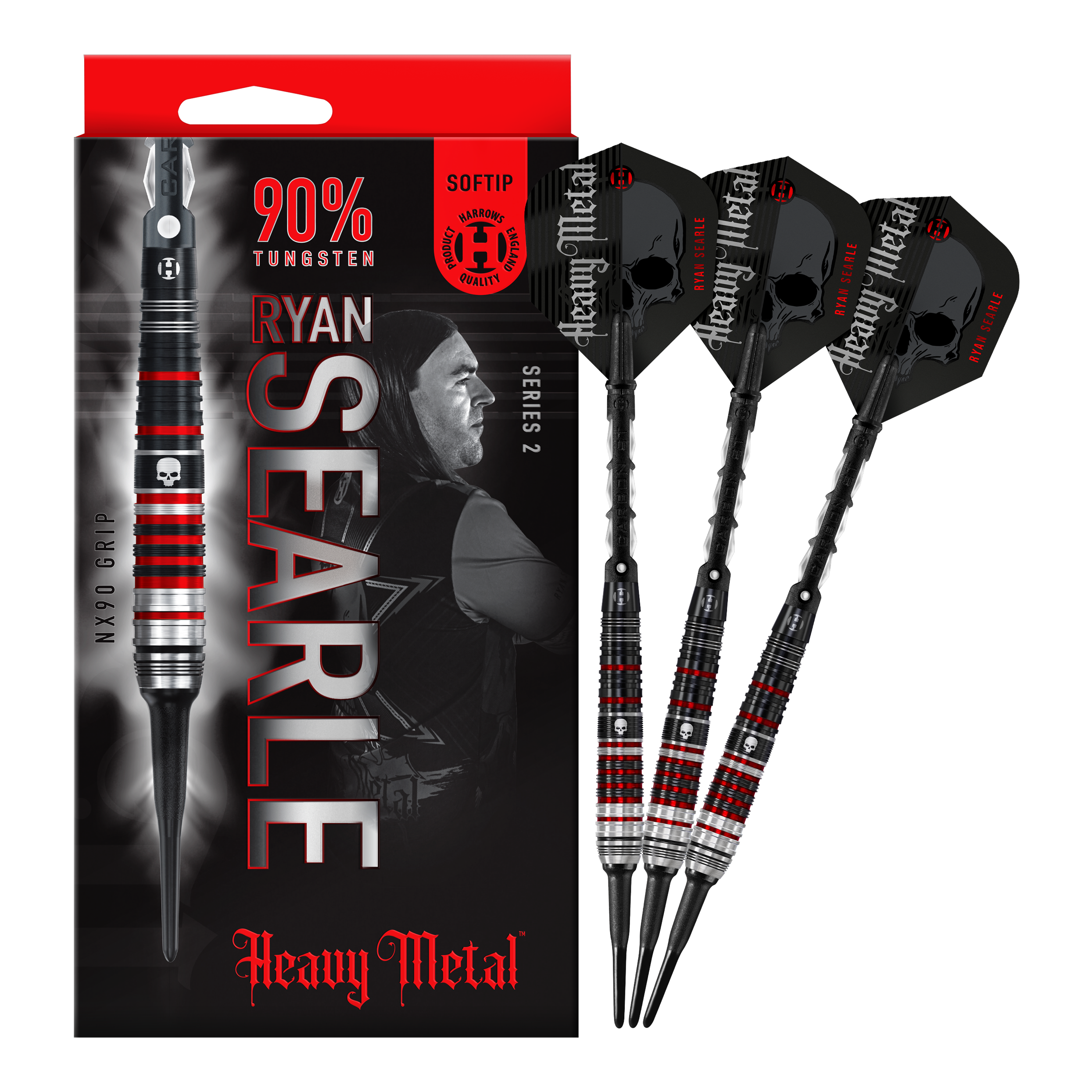 Harrow's Ryan Searle Heavy Metal Series 2 miękkie lotki Das Bild zeigt die "Harrows Ryan Searle Heavy Metal Series 2 Softdarts" mit einer Verpackung und drei Darts. Die Darts bestehen zu 90 % aus Wolfram und haben ein schwarzes und rotes Design mit Totenkopf-Motiv.