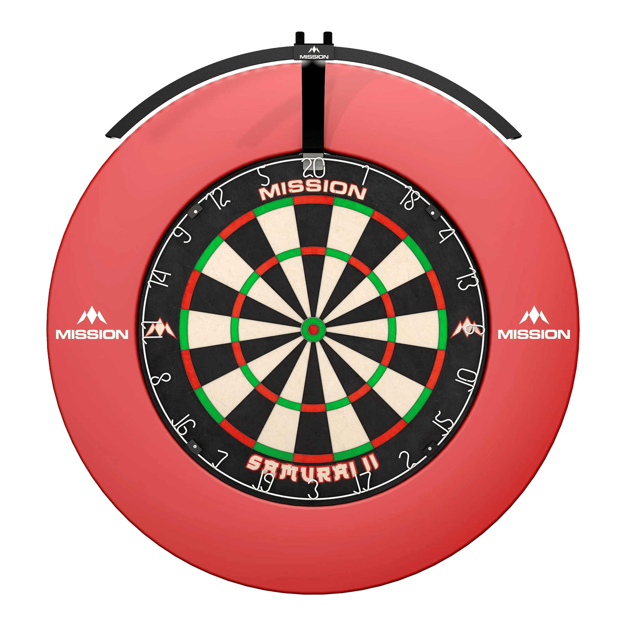 Oświetlenie tarczy do darta LED Mission Torus 100 składane Das Bild zeigt ein rundes, beleuchtetes LED-Dartboard mit der Aufschrift "Mission Torus 100" und "Samurai II" in der Mitte. Das Dartboard ist von einem roten Schutzring mit dem Mission-Logo umgeben.
