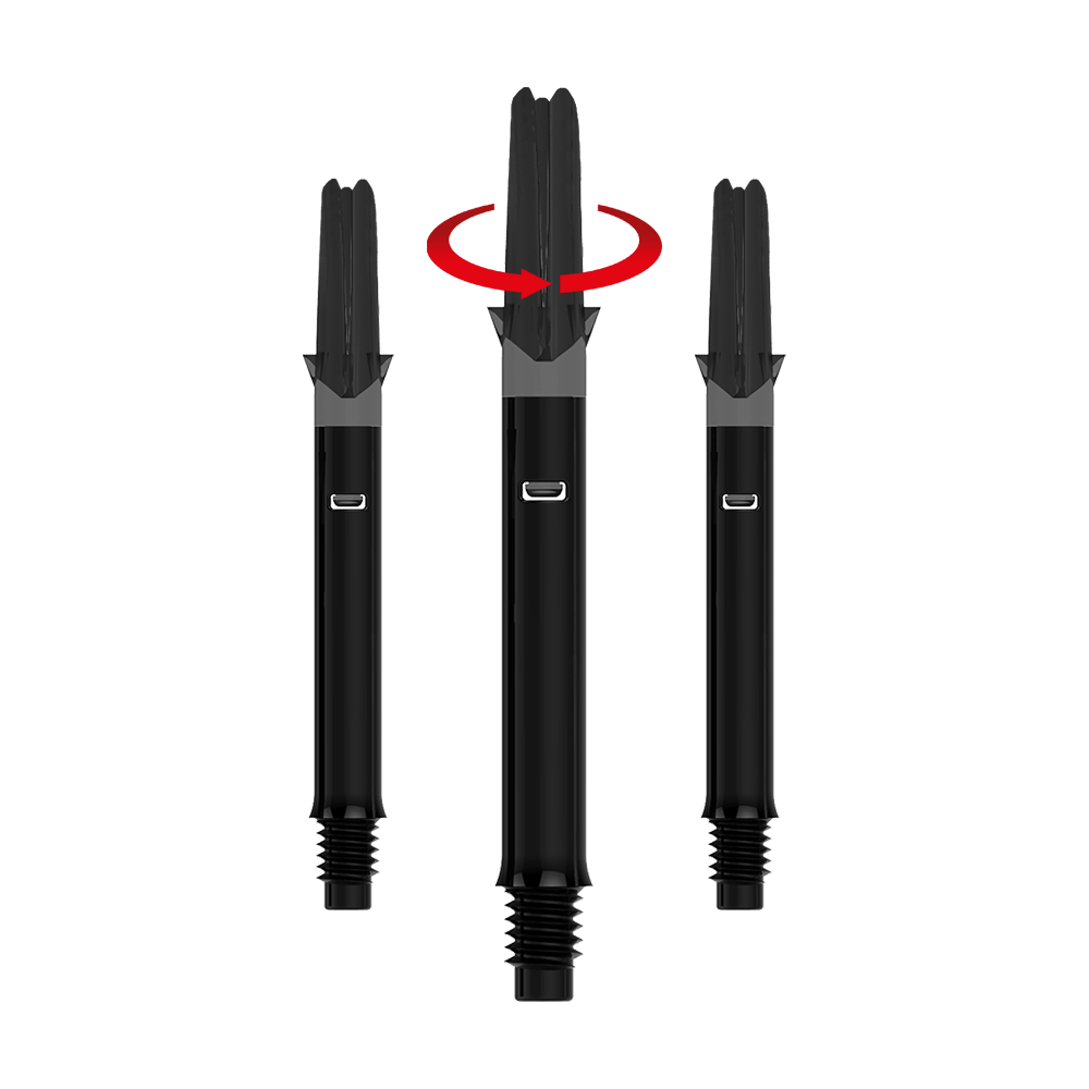 Wałki L-L-Style-Shafts Silent Straight - czarne Das Bild zeigt drei schwarze Dartschäfte ohne Kappen. Über dem mittleren Schaft ist ein roter Pfeil, der eine Drehbewegung anzeigt.