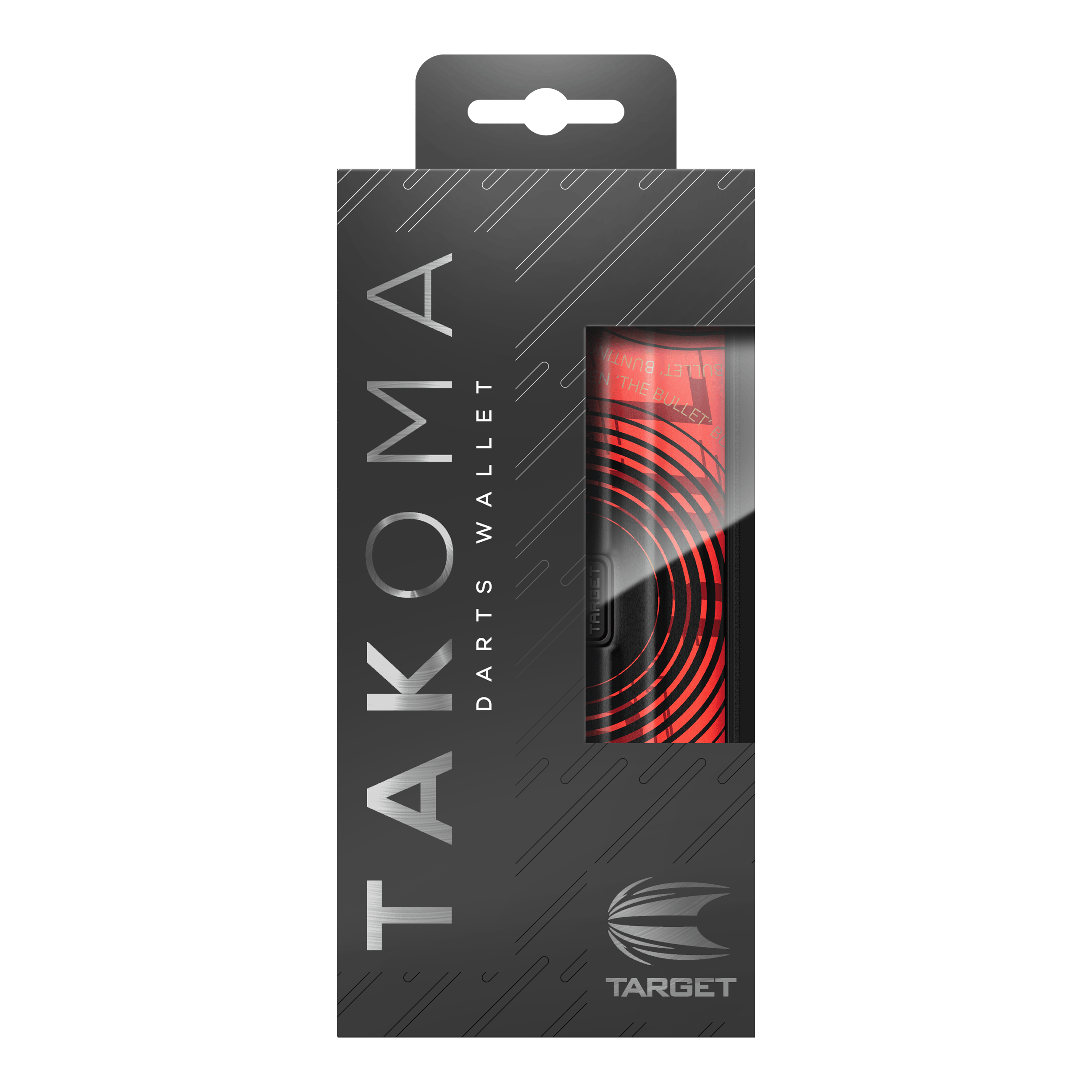 Etui na lotki Target Takoma Stephen Bunting Die Abbildung zeigt die Verpackung des Produktes „Target Takoma Stephen Bunting Dartcase“. Das Etui ist rot-schwarz gestaltet und befindet sich in einer eleganten, schwarzen Box mit Sichtfenster.