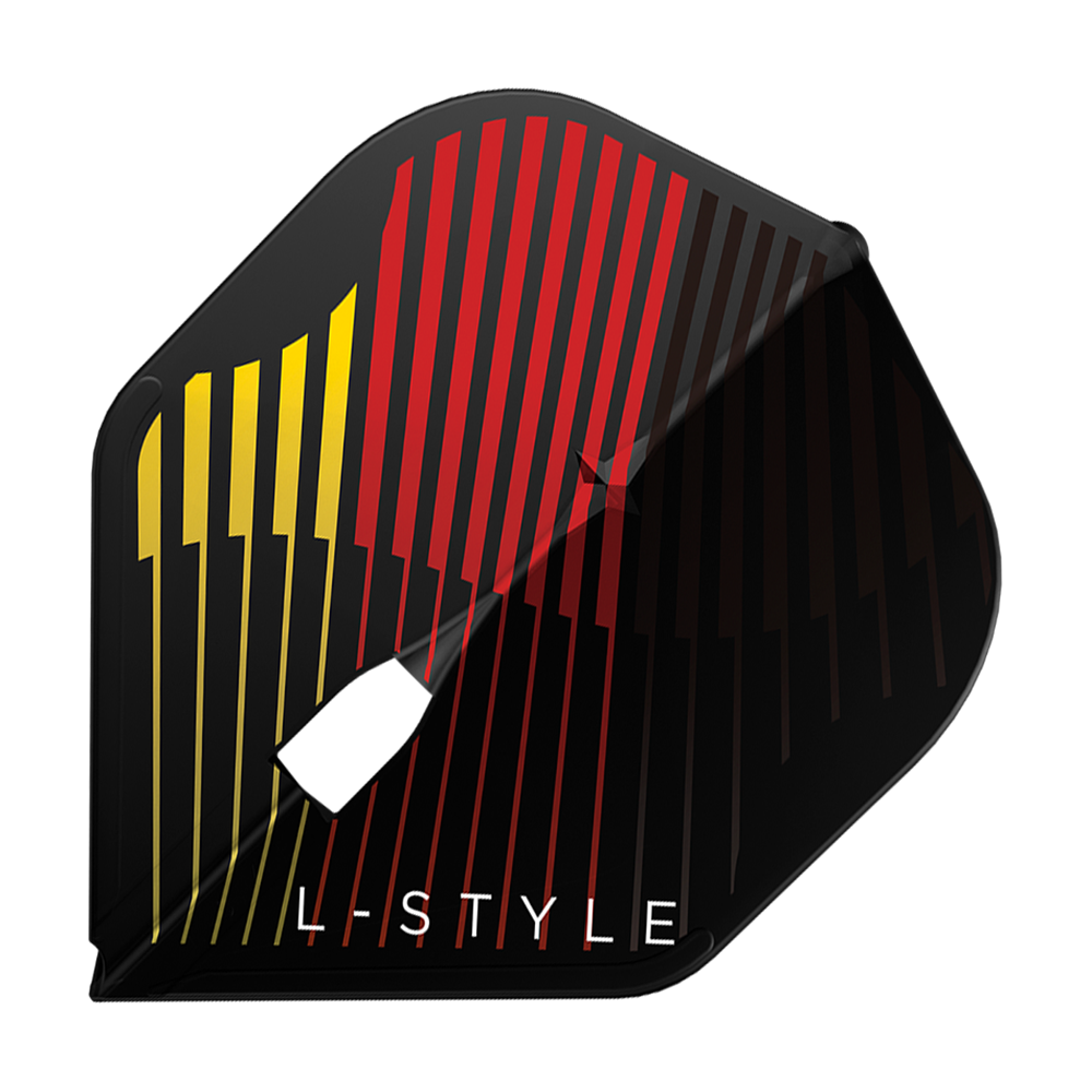 Das Bild zeigt das Produkt "L-Style RYB-Series Type C Black L1PRO Flights". Das Flight ist schwarz und mit gelben, roten und dunklen Linien sowie dem Schriftzug "L-Style" verziert.